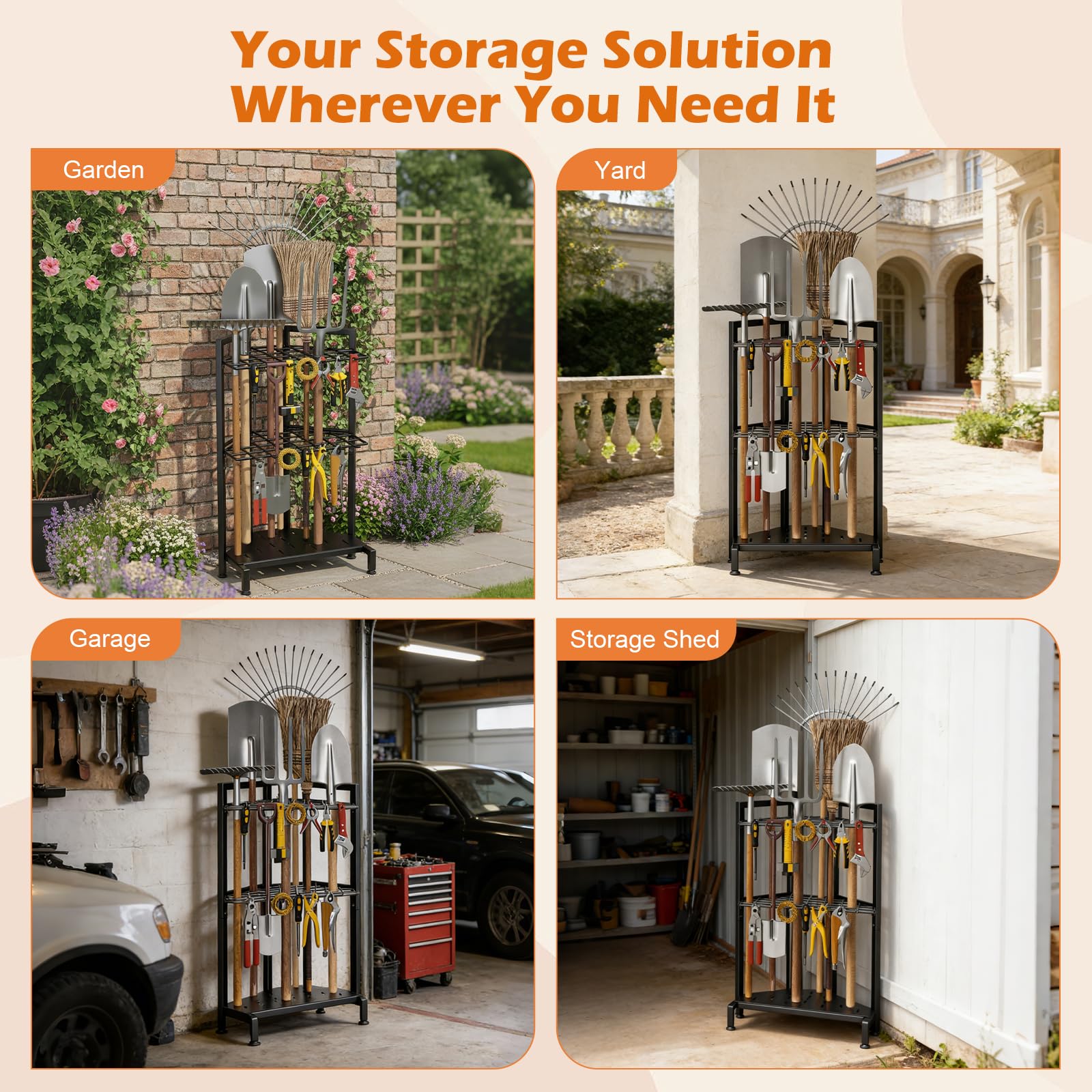 Porta Attrezzi da Giardino,Organizer per Attrezzi da Giardino,Supporto Metallo con 3 Livelli e Ruote, Conservazioneper Fino a 35 Attrezzi/Scope/Rastrelli a ManicoLungo
