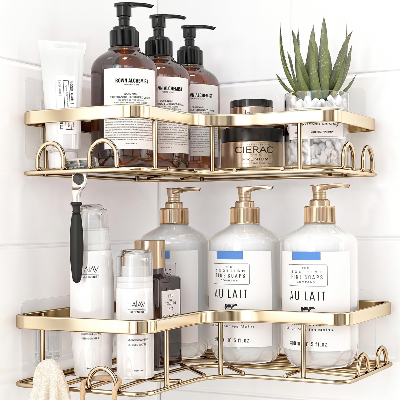 Kitsure Corner Shower Caddy - 2 Pack Rustproof Shower Organizer, Durable Shelf with Large Capacity, Drill-Free Adhesive Bathroom Shelves with 4 Movable Hooks, a Soap Holder, Large, Gold