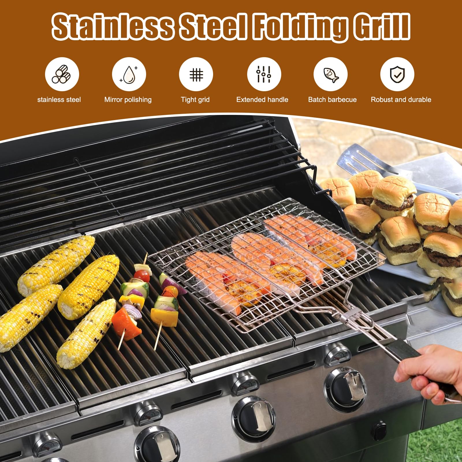 Panier de Barbecue Pliable 32 x 22 cm Acier Inoxydable avec 2 Brosses Silicone pour Poisson Crevettes Légumes Steak