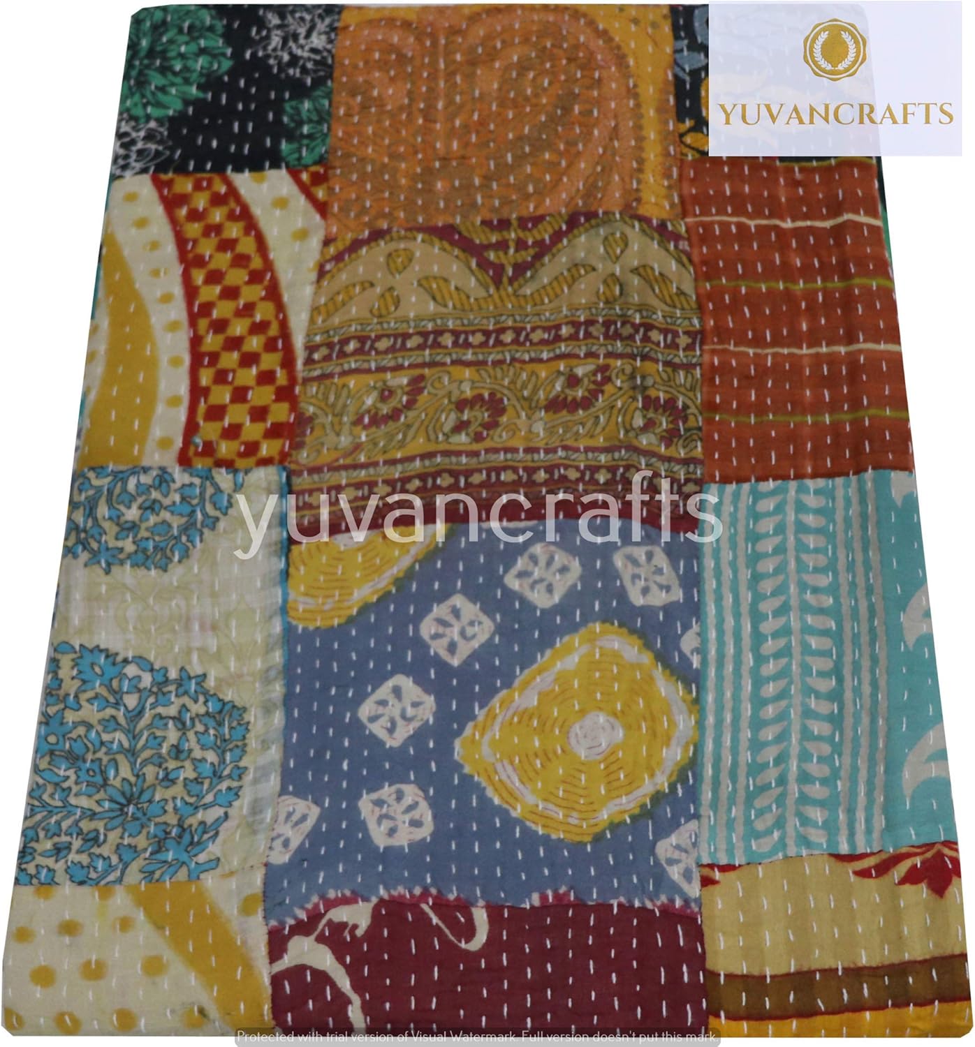YUVANCRAFTS Patchwork Cotton Kantha Quilt - Indian Traditional Handmade Bedding Vintage Multi Color Quilt Blanket (Queen (90"x108"), Assorted Patchwork)