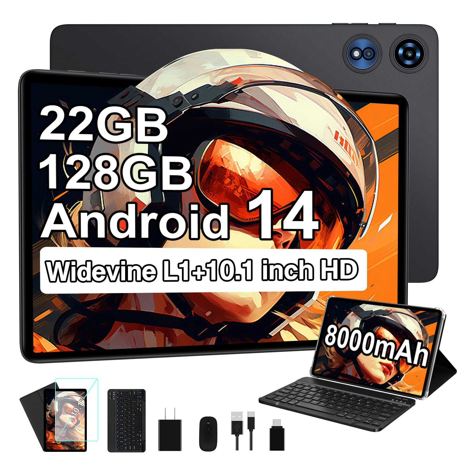 2025 Android 14 Tablet, 22GB RAM 128GB ROM 1TB Expand, 10 inch Octa-Core Tablets with Keyboard Mouse, 8000mAh, HD IPS Display, 5G Wi-Fi, Bluetooth 5.0, GPS, Widevine L1 - Metal Black