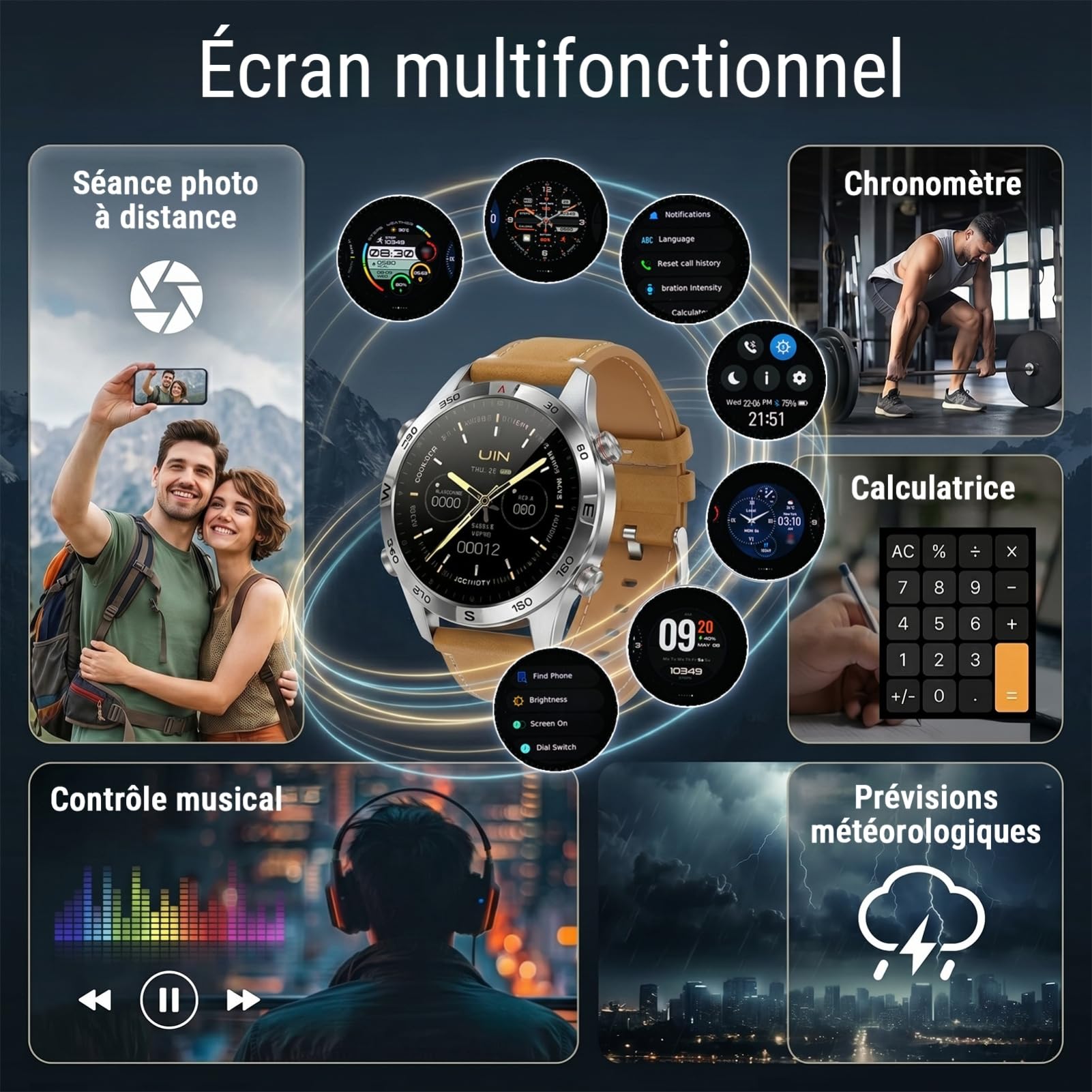 GPS Montre Connectée Homme, AMOLED Écran Tactile 1,43 Pouces Montre Sport G7, Appels Bluetooth, Cartes Hors Ligne, 100+ Modes Sportifs, Boussole, Étanche 5 ATM pour iOS/Android (Cuir Marron)