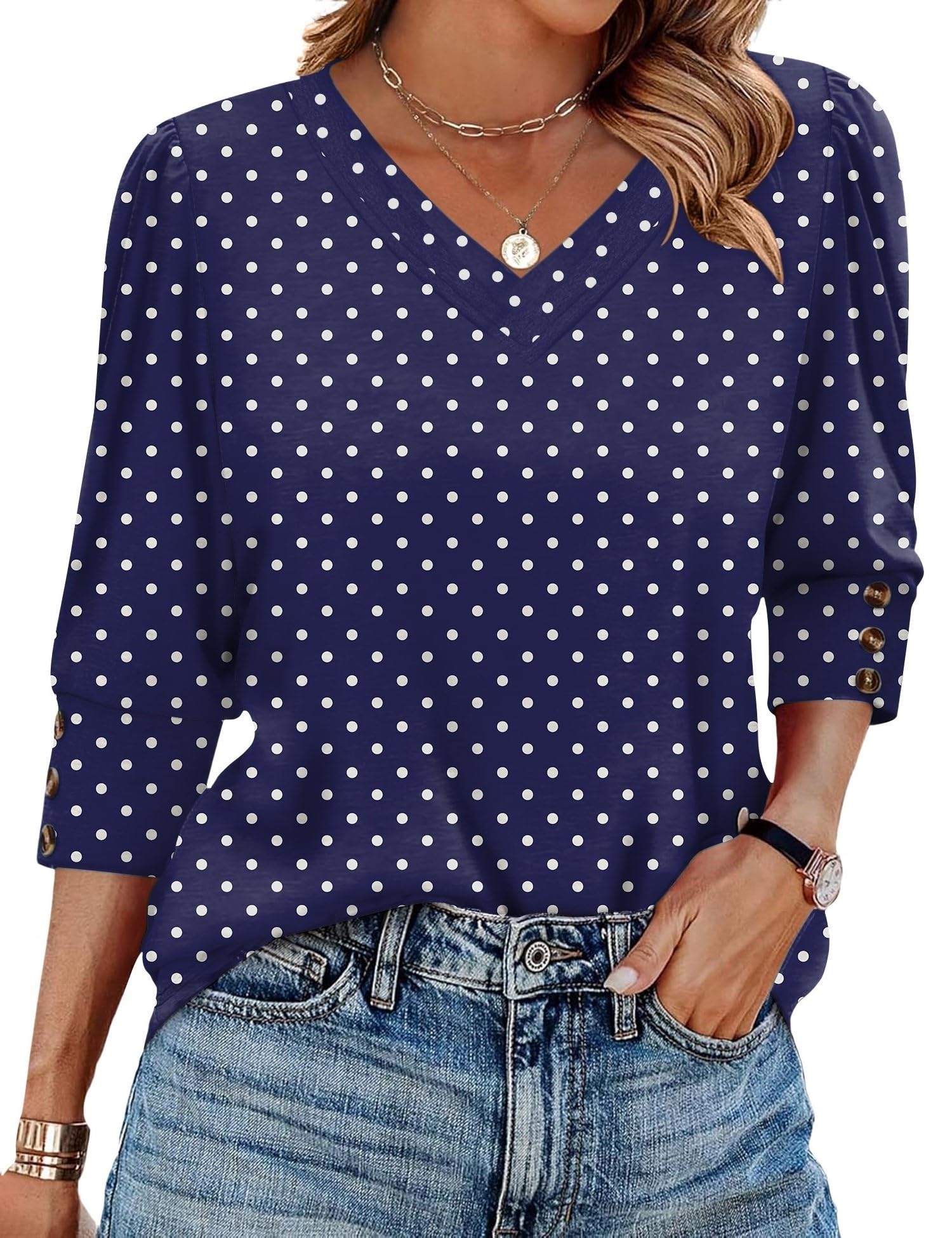 3/4 Length Sleeve Womens Tops with Buttons V Neck Business Work Shirts Dressy Casual Blouses Fall Summer Outfits