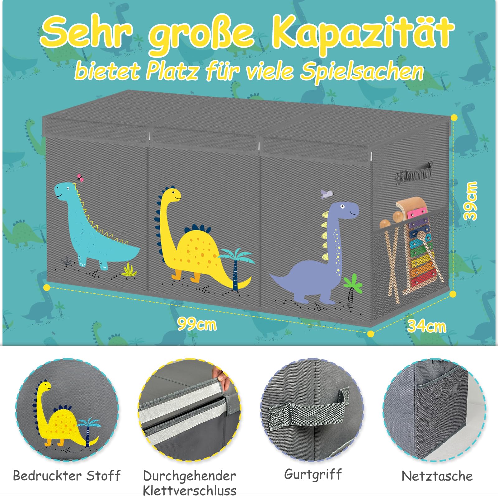 Baul Para Juguetes Tapa Para niños Extra Grande Plegable Almacenaje Juguetes con Asas Baul Juguetes Infantil para Habitación de Los Niños, Ropa, Dormitorio(Gris, 99 x 34 x 39 cm)