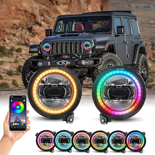 UTVJATV Faros delanteros redondos LED RGB de 9 pulgadas, haz HiLlo de 80 W, 3000 lm Halo DRL con señal de giro para Jeep Wrangler JL 2018-2021 Jeep