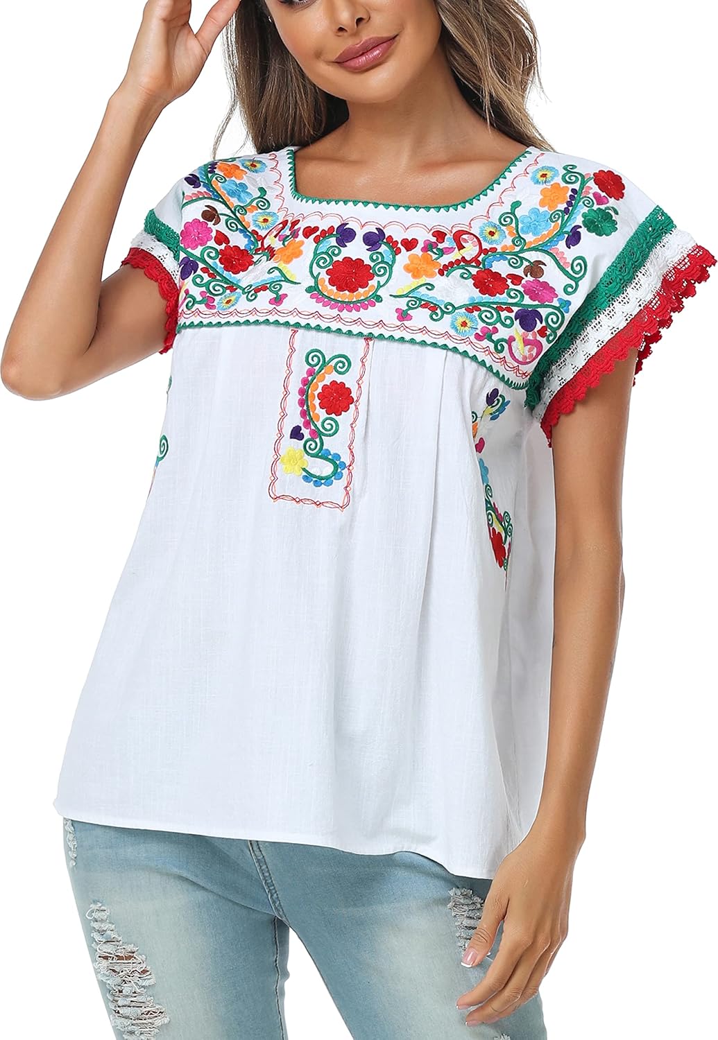 YZXDORWJ Women Mexican Embroidered Lace Traditional Colorful Blouse Tricolor Top Mexican Independence Day Shirt - Image 3