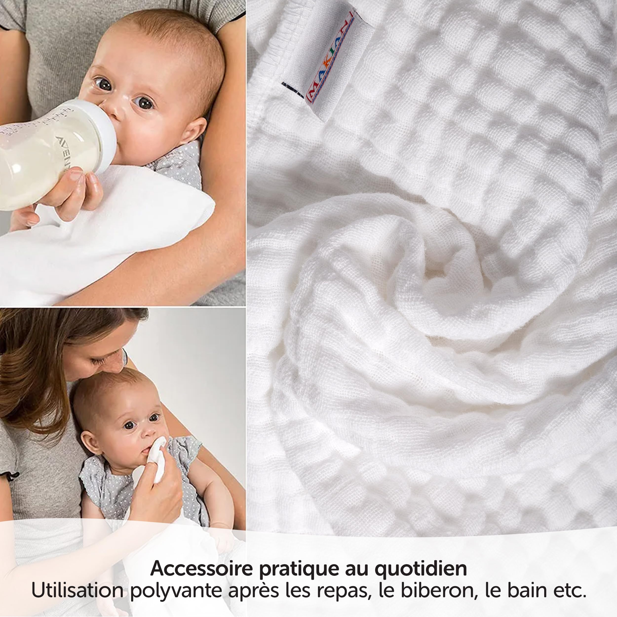MAKIAN - Lange Bebe (Lot 10 Pièces), Débarbouillette Mousseline, 35x50 cm, 100% Coton Doux, Certifié Oeko Standard - Quatre Epaisseurs, Résistante - Blanc