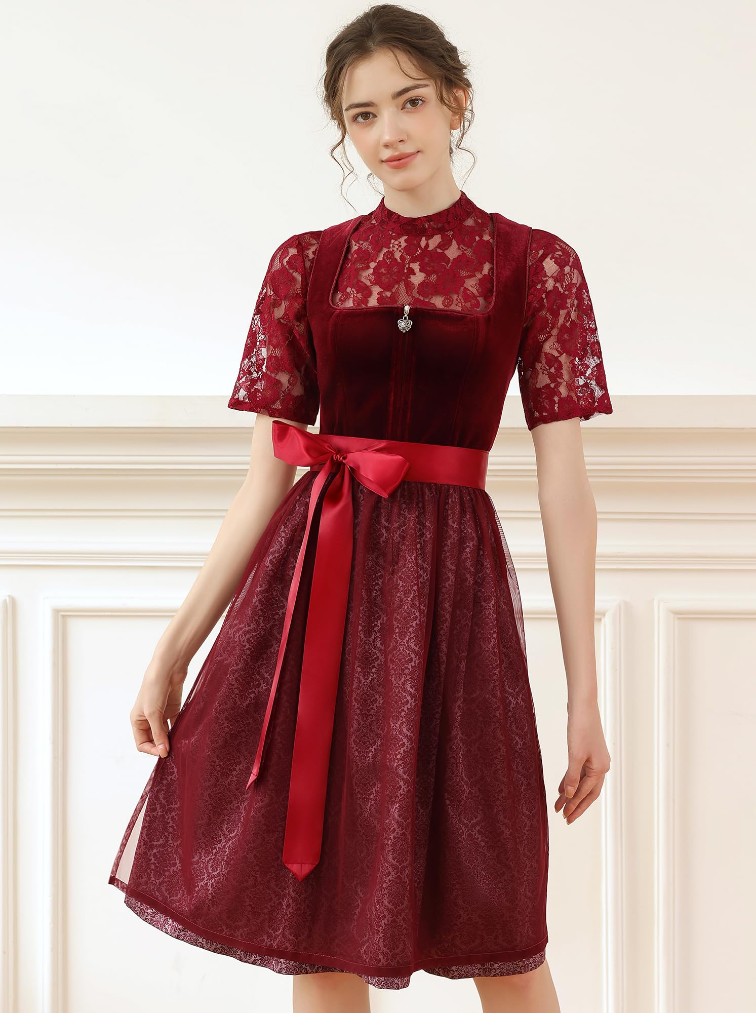 EIISSION Dirndl Damski Oktoberfest Kostium Oktoberfest Kostium Kostium Damski Czerwony Tradycyjna Sukienka midi Trachten Sukienka 3 Pieces Bluzka Fartuch