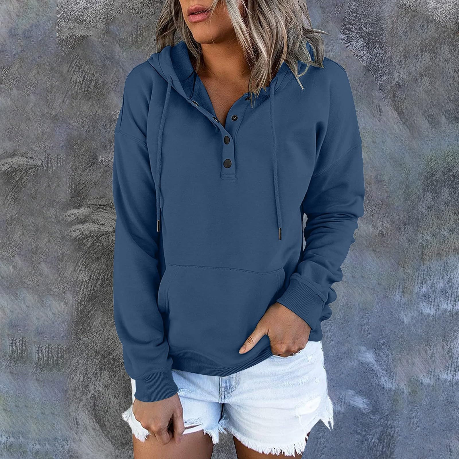 Maglione da donna a collo alto, lungo, casual, da donna, con cappuccio, bottone, scollo a V, coulisse, felpa con cappuccio da donna, senza cappuccio