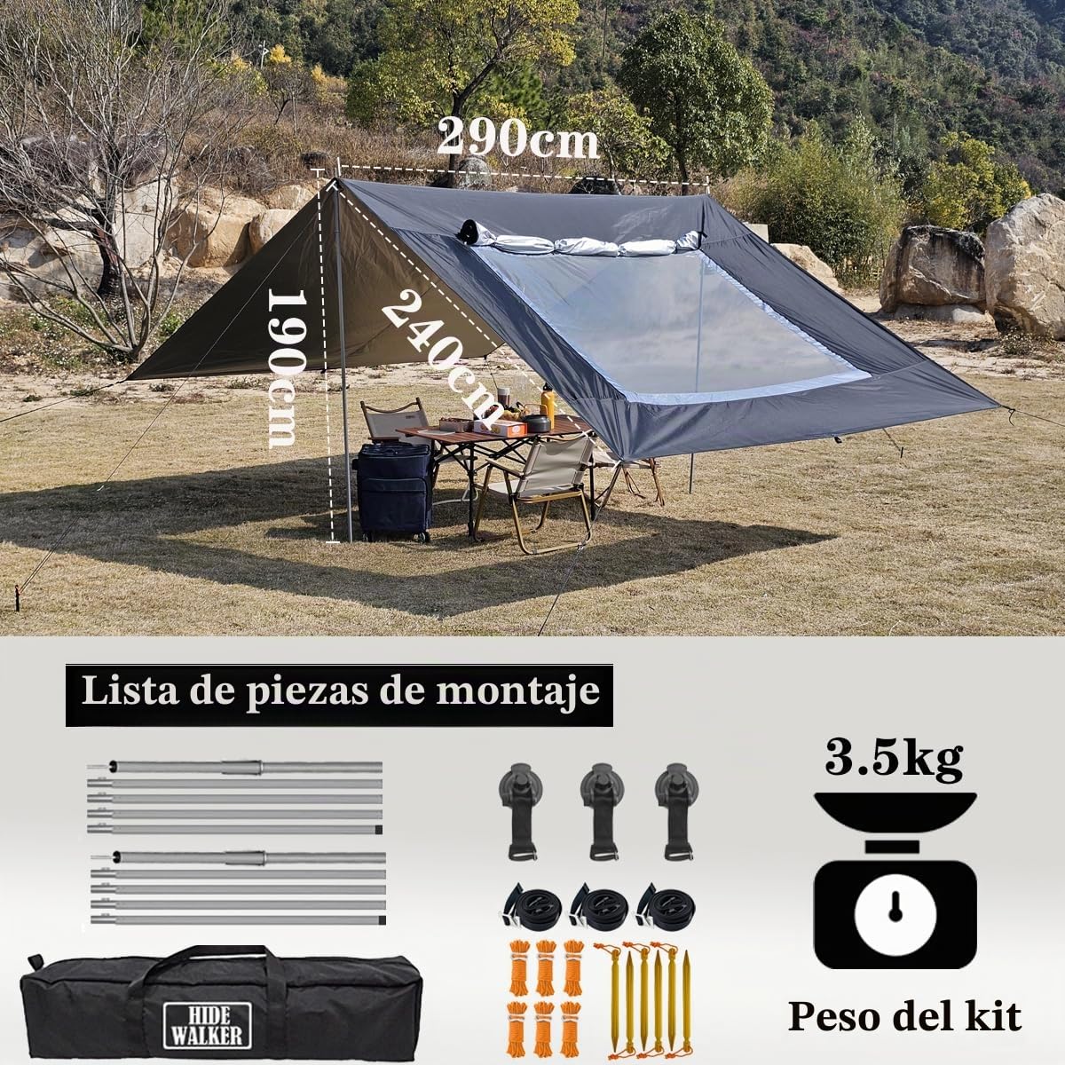 Toldo para Camper 2.9x4.8m Van Caravana Toldo de Puerta Impermeable y Protección Solar para Maletero Refugio Solar Tarp de Camping con Poste (Negro)
