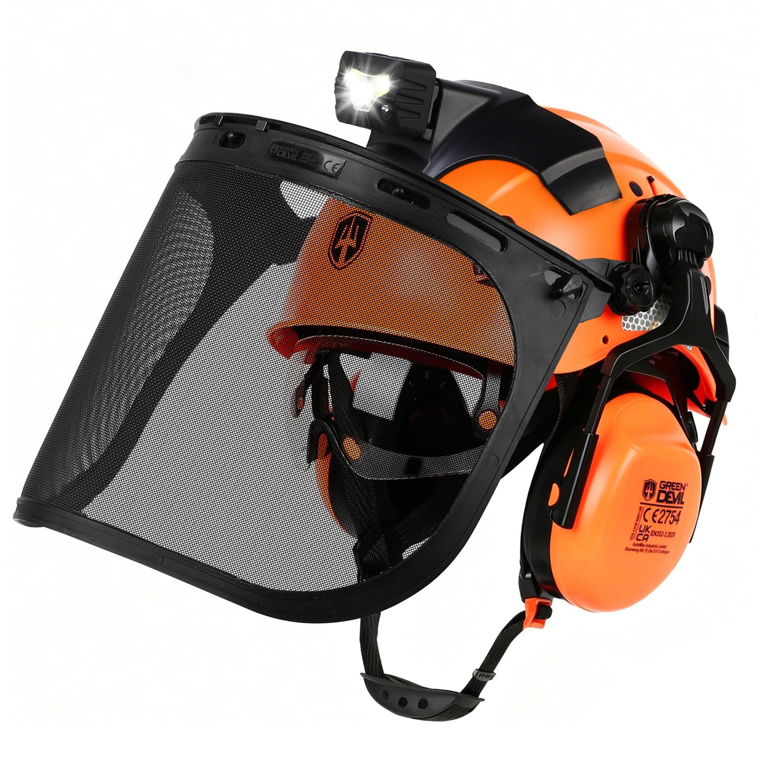 GREEN DEVIL 5-in-1 Forstschutzhelm Set - Kettensägenhelm mit eingebauter Schutzbrille, Maschenvisier & SNR 31dB Gehörschutz + Helmleuchte mit Bewegungssensor