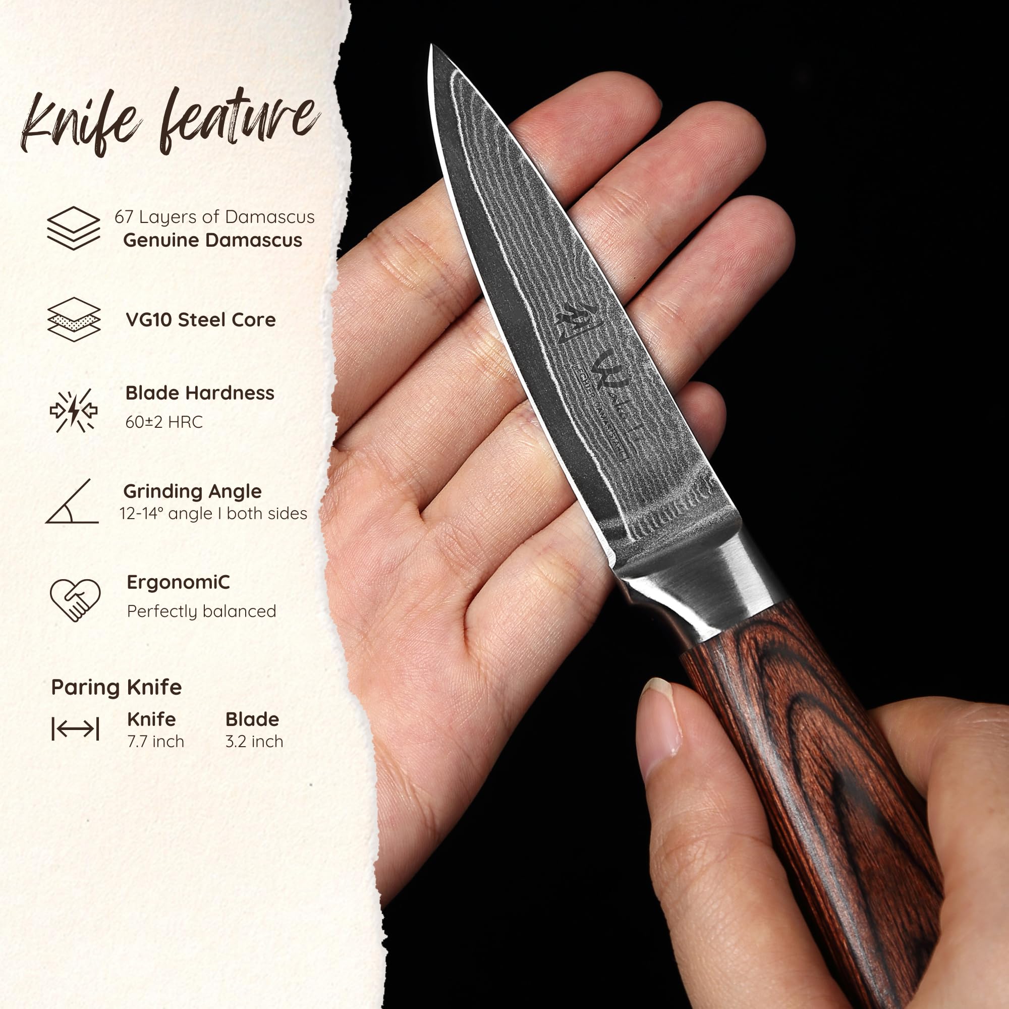WAKOLI Edib Couteau d'office en Damas I Lame tranchante de 8,5 cm en acier damassé à 67 couches avec noyau VG10 et manche en bois de pakka I Couteau de cuisine professionnel & couteau damassé