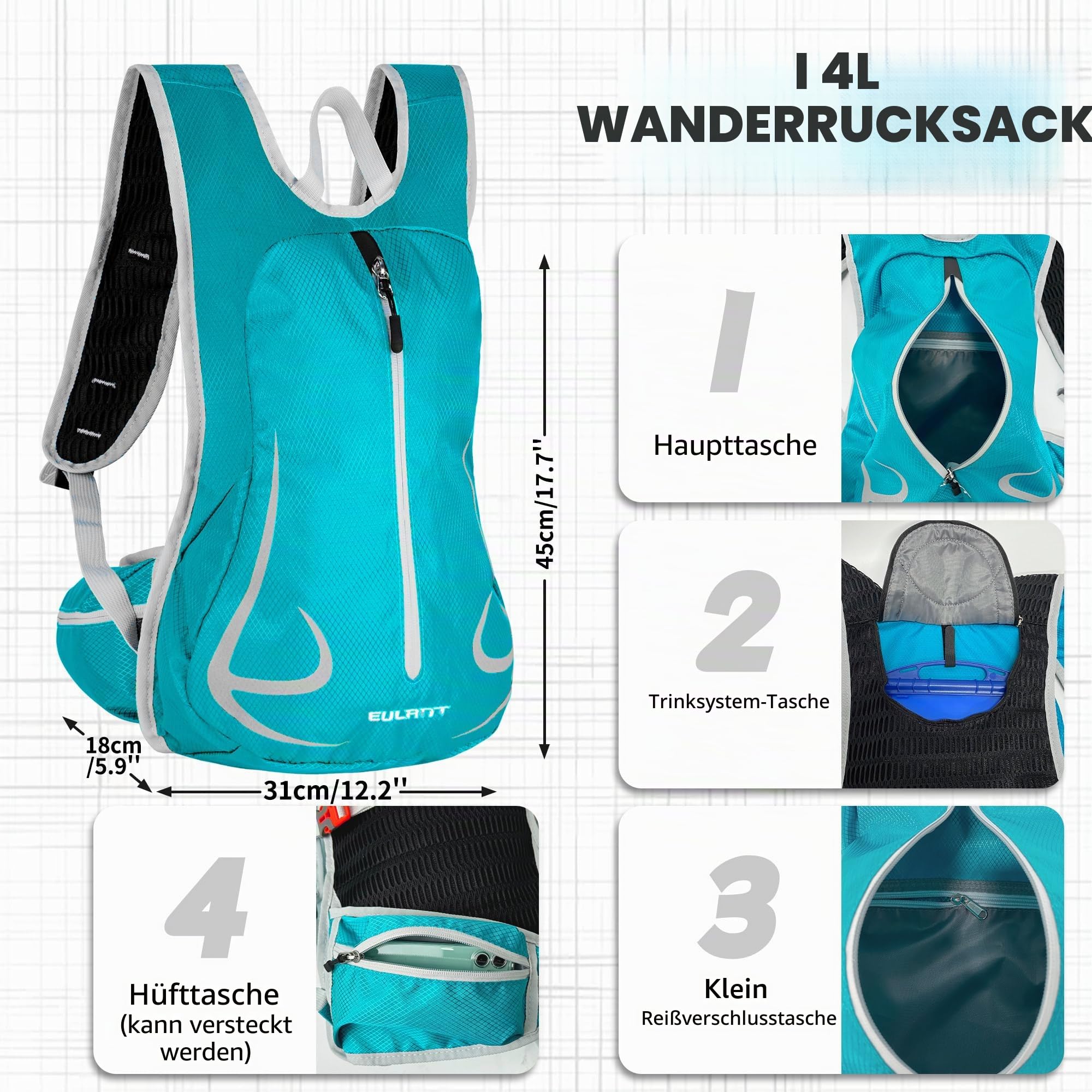 EULANT Wasserdicht Laufrucksack 15L,Klein Skirucksack,Kleiner Wanderrucksack,Fahrrad Rucksack,Leicht Sport Rucksack für Skifahren Camping Bergsteigen Radfahren Joggen Einkaufen Schule