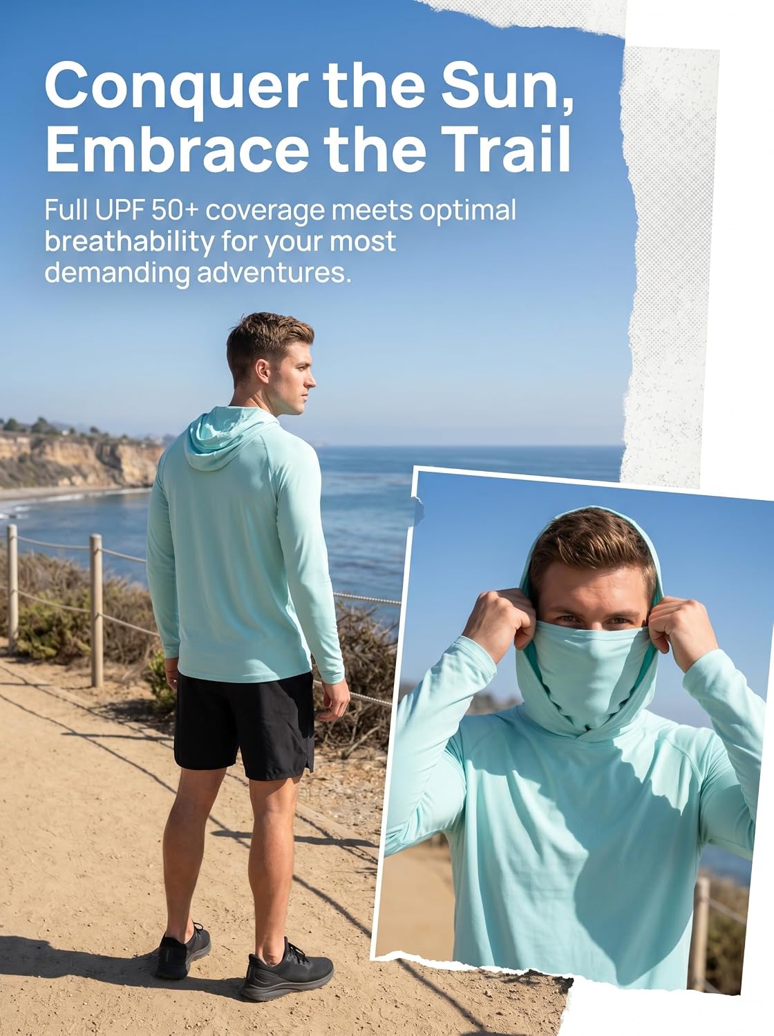 Men's Sun Protection Hoodie Shirt UPF 50+ Lightweight 2 Pack Sun Shirts with Mask for Fishing, Running, Workout