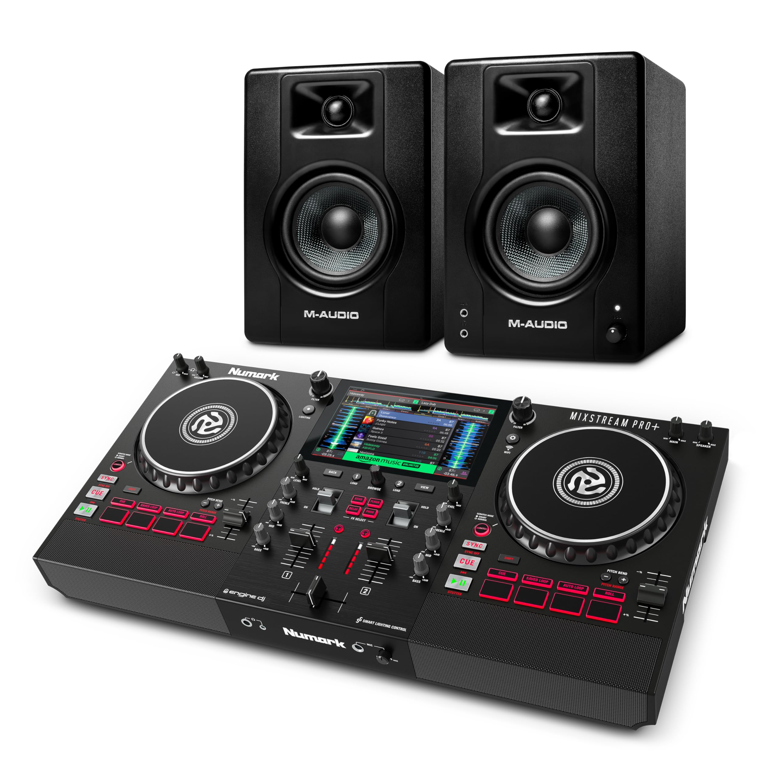 Numark Pack Contrôleur DJ Mixstream Pro+ et Paire de Moniteurs de Studio M-AUDIO BX4 pour Enregistrement Studio, Production Musicale, Podcasting, Streaming