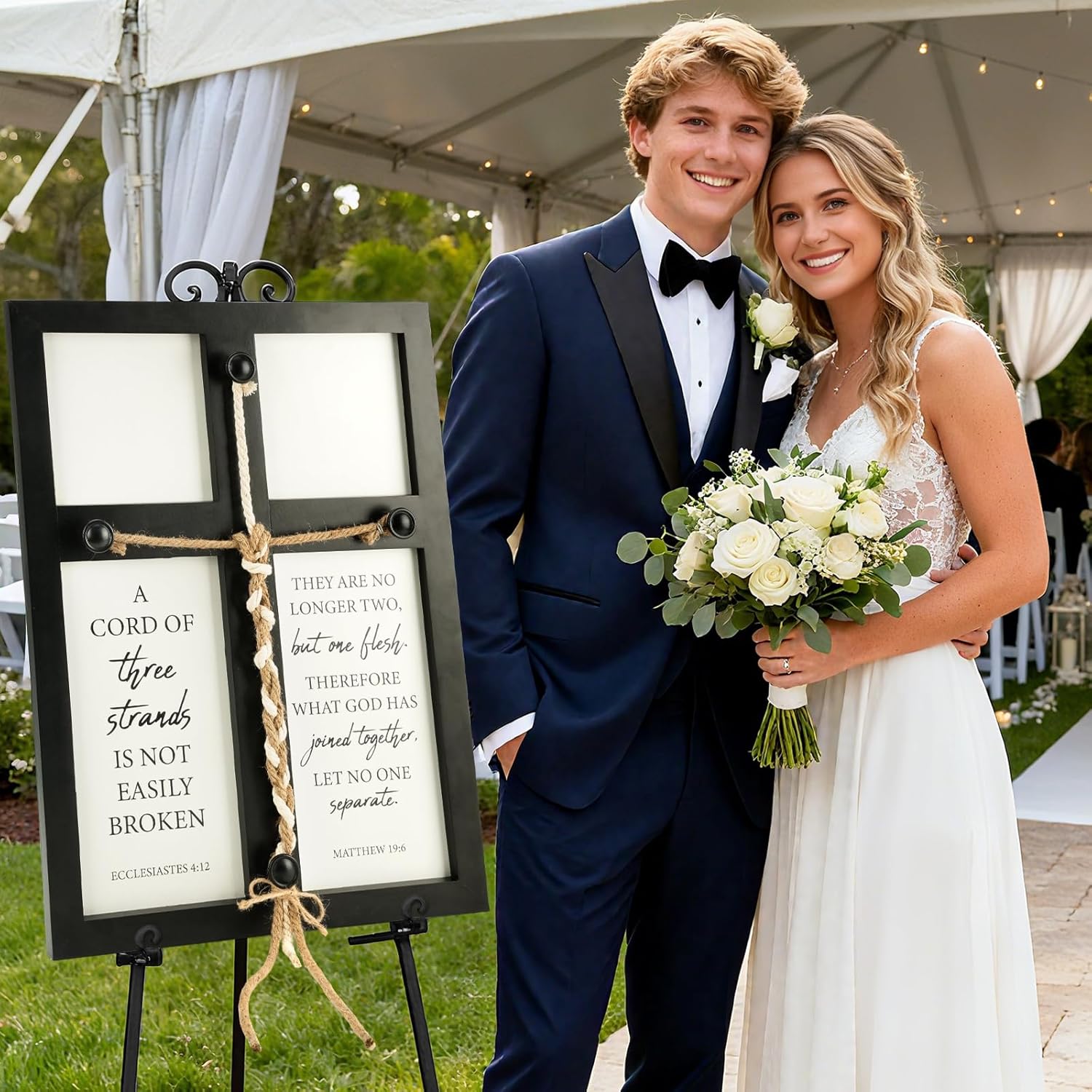 Havmorph A Cord of Three Strands Wedding Ceremony Sign, Large 17"x23" Solid Wood Unity Braid Cross for Marriage, Ecclesiastes 4:12 & Matthew 19:6 for Couple Anniversary Home Wall Decor (Black)