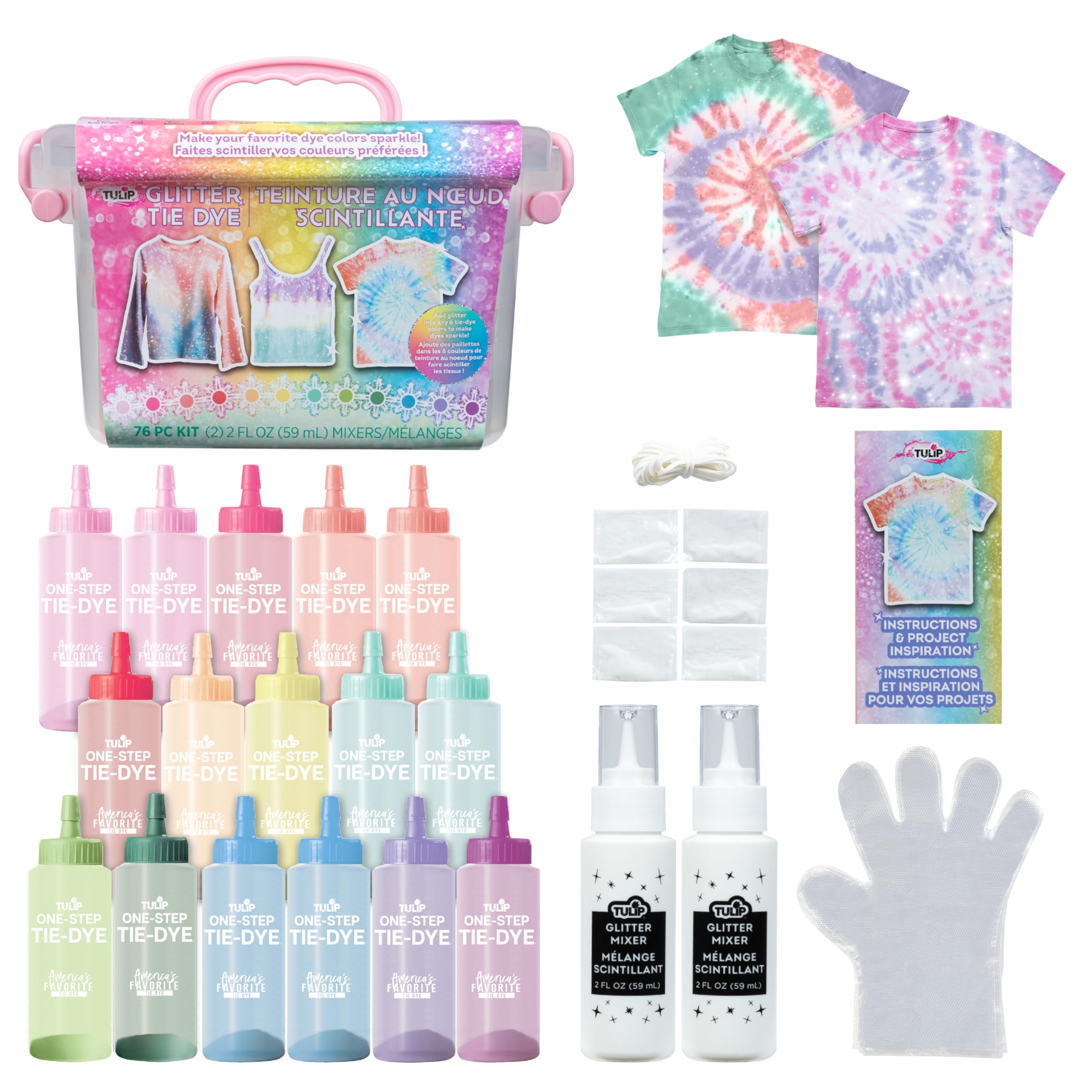 Tulip Glitter Tie-Dye Tub, Design Your Looks, Make Your Favorite Colors Sparkle, Includes 18 Easy-Squeeze Dye Bottles Glitter Pigments Mixers, Easy
