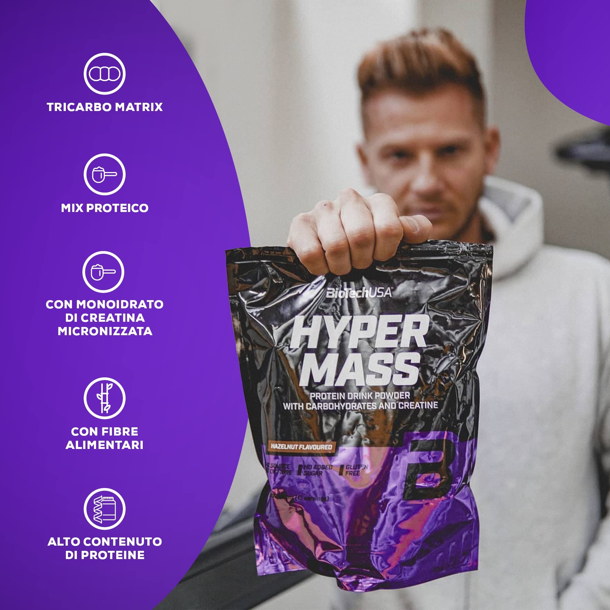 BioTechUSA Hyper Mass - Integratore di massa con miscela di carboidrati e proteine | Creatina micronizzata | Senza glutine, 1 kg, Caramello salato