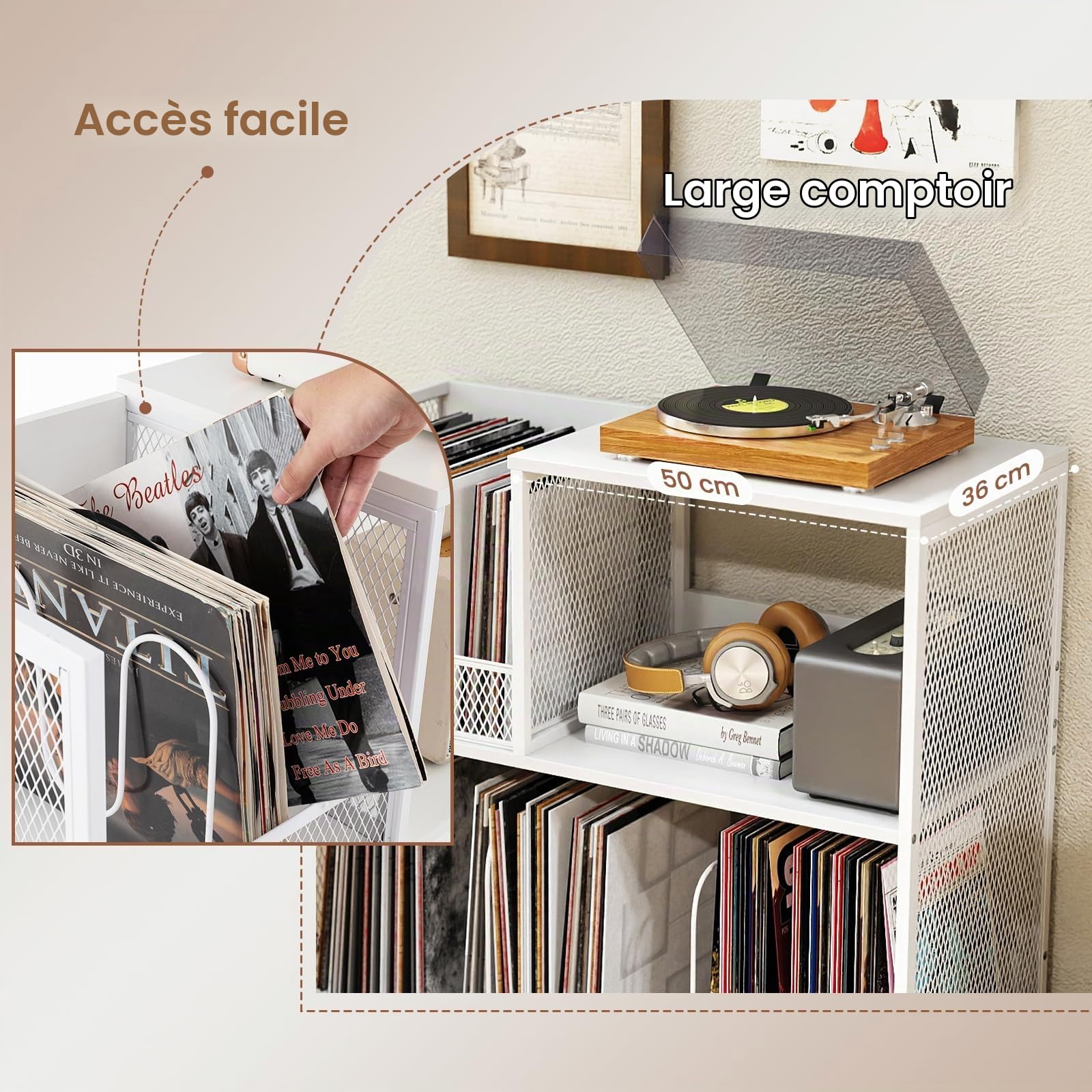 KOMFOTTEU Support de Disque Vinyle pour 300 Albums, Meuble Platine 3 Niveaux avec 3 Séparateurs Amovibles, Meuble Tourne-Disque, Pieds réglables, Style Vintage, 83 x 36 x 76,5 cm (Blanc)