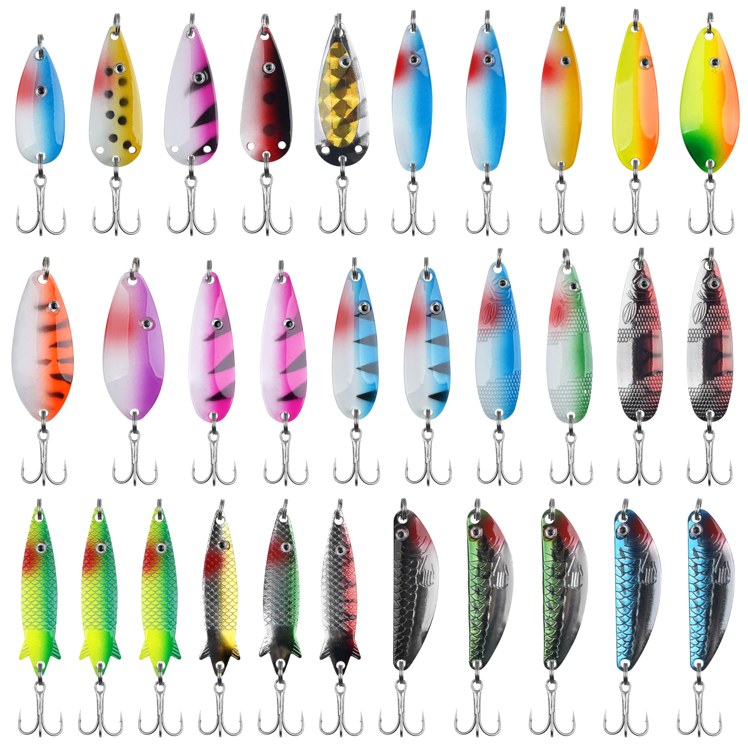 Fishing Spoons Lures Kit,30pcs Hard Metal Fishing Spinner Baits Trout Lures Casting Trolling Trout Spoons Fishing Lures with Treble Hooks for Bass Salmon Pike Walleye