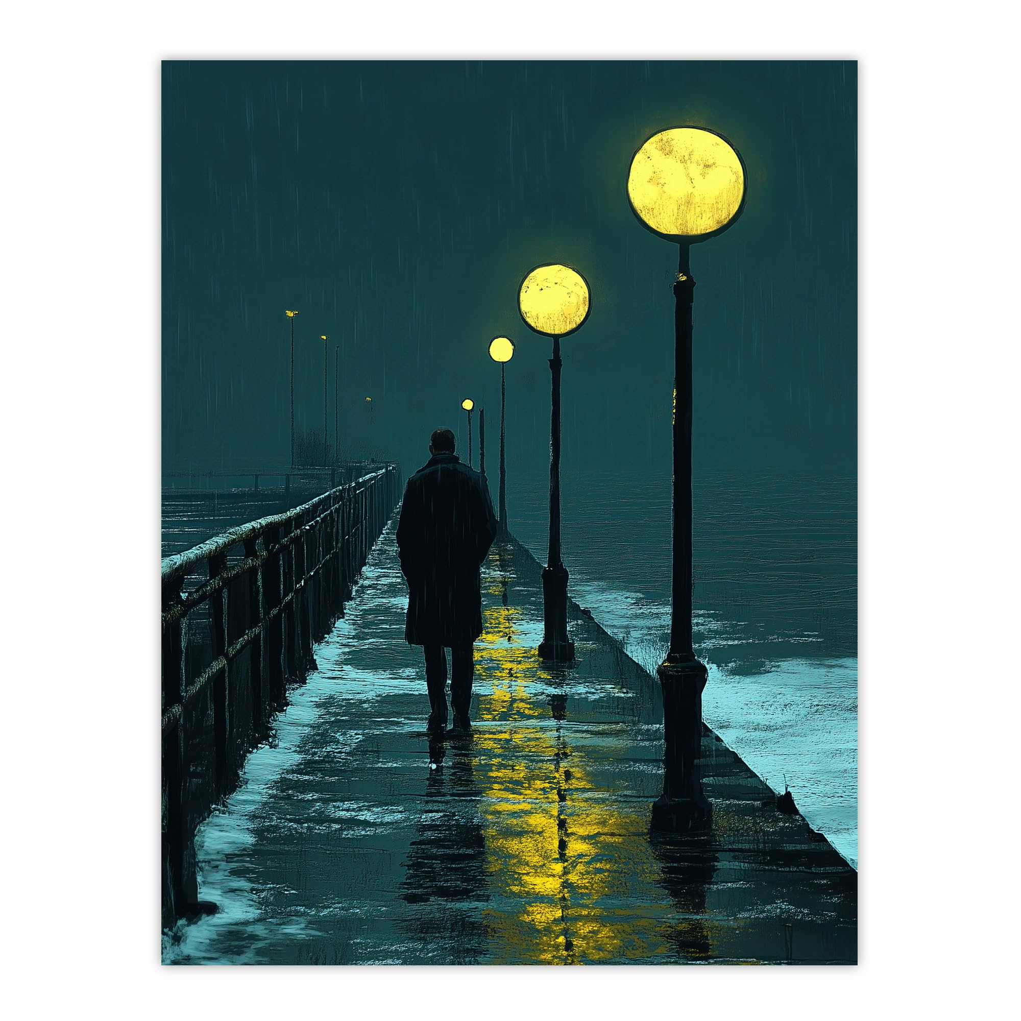 Artery8 Wall Art Print - Night Walk in Rain Under Street Lamps - Blue - W18" x H24"