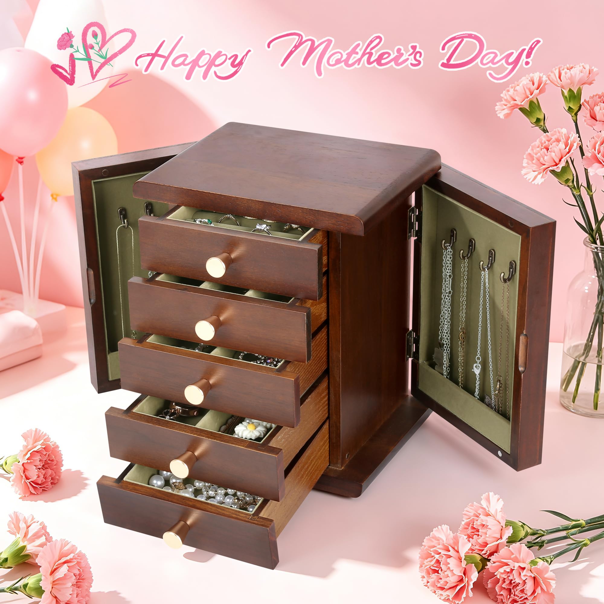 Kendal Joyero de madera para mujer, organizador de joyas de madera, caja organizadora de joyas de 5 capas con puerta lateral, organizador de joyas para aretes, collares, anillos