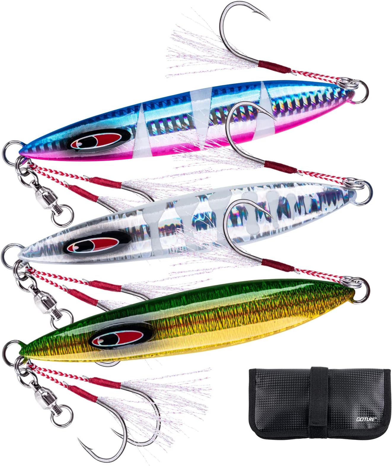 Goture Slow Flat Fall Luminous Lead Vertical Saltwater Artificial Lure Jig Fishing Lure with Two Assist Mustad Hook for Tuna Kingfish Bass Salmon