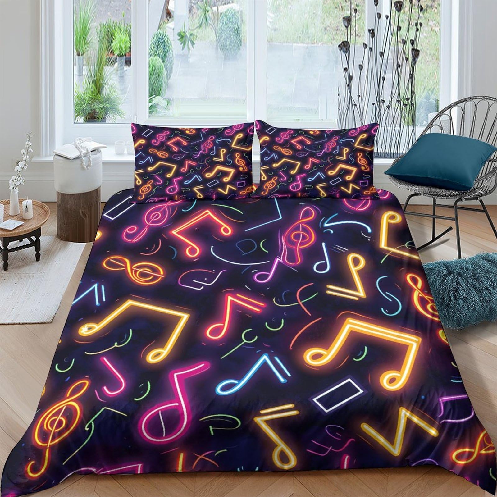 Ctjqhvkz Style-5 3D Printed Neon Music Notes Fitted Sheet Microfiber Soft Breathable Colorful Bed Cover For Bedroom Dorm Mattress Decor Single（135X200cm）