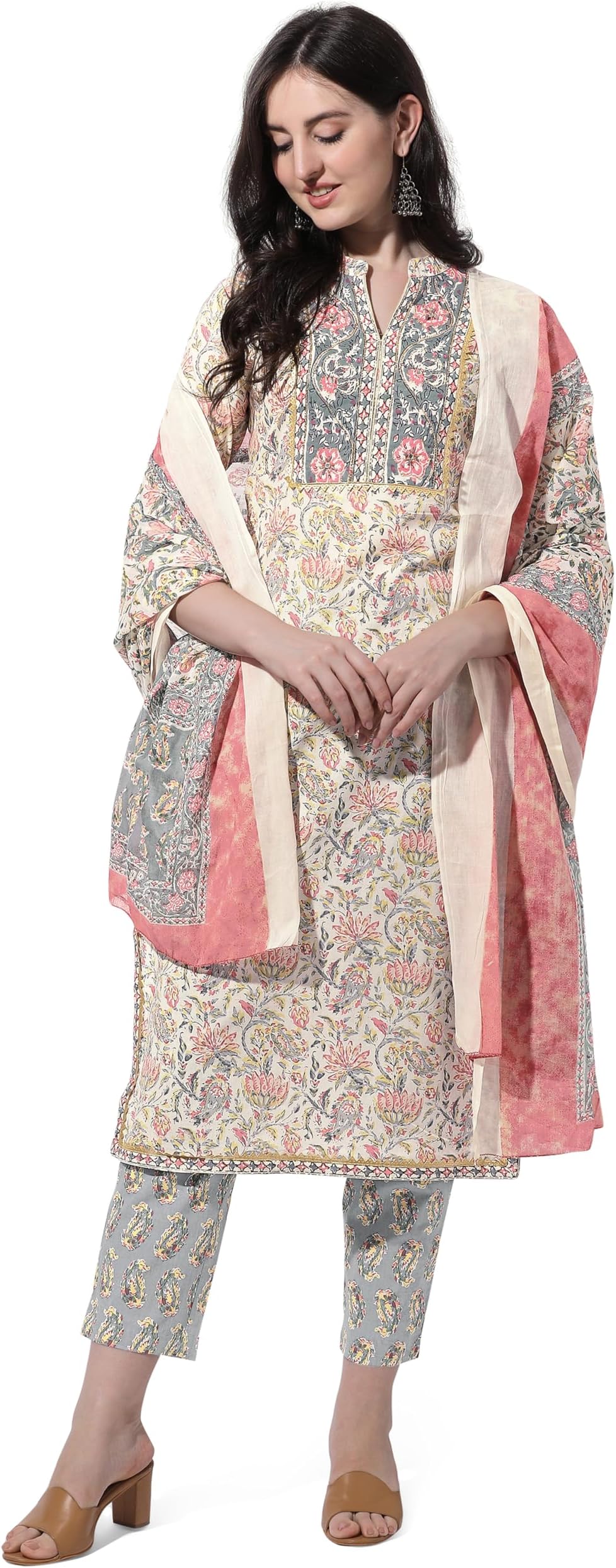 MIRCHI FASHION Women's Designer Straight Fit Cotton Printed and Embellished Kurta Set with Trouser Pant and Dupatta