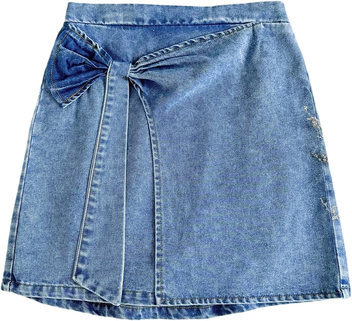 MakeMeChic Girl's Bow Denim Skirt Wrap Elastic Waist Cute Short Jean Skirts