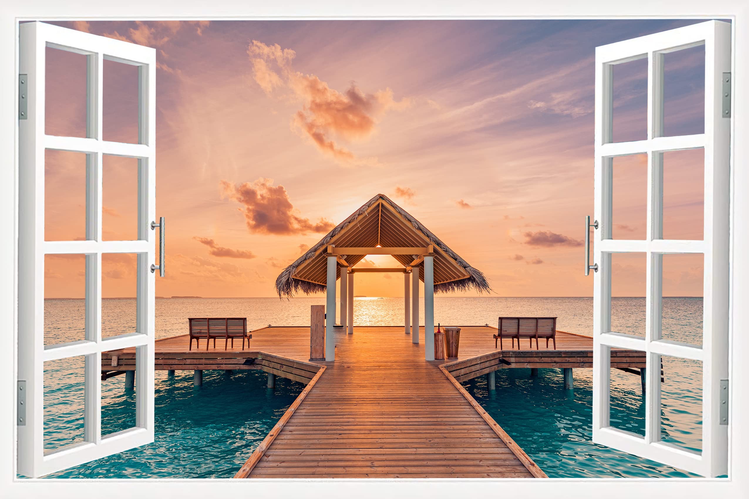 TISHIRON Bathroom Artwork for Wall Sunset Landscape Window View Canvas Painting Wall Art Poster And Prints Canvas Art Decorations for The Home Stretched And Framed Ready to Hang, 16" Wx24 H