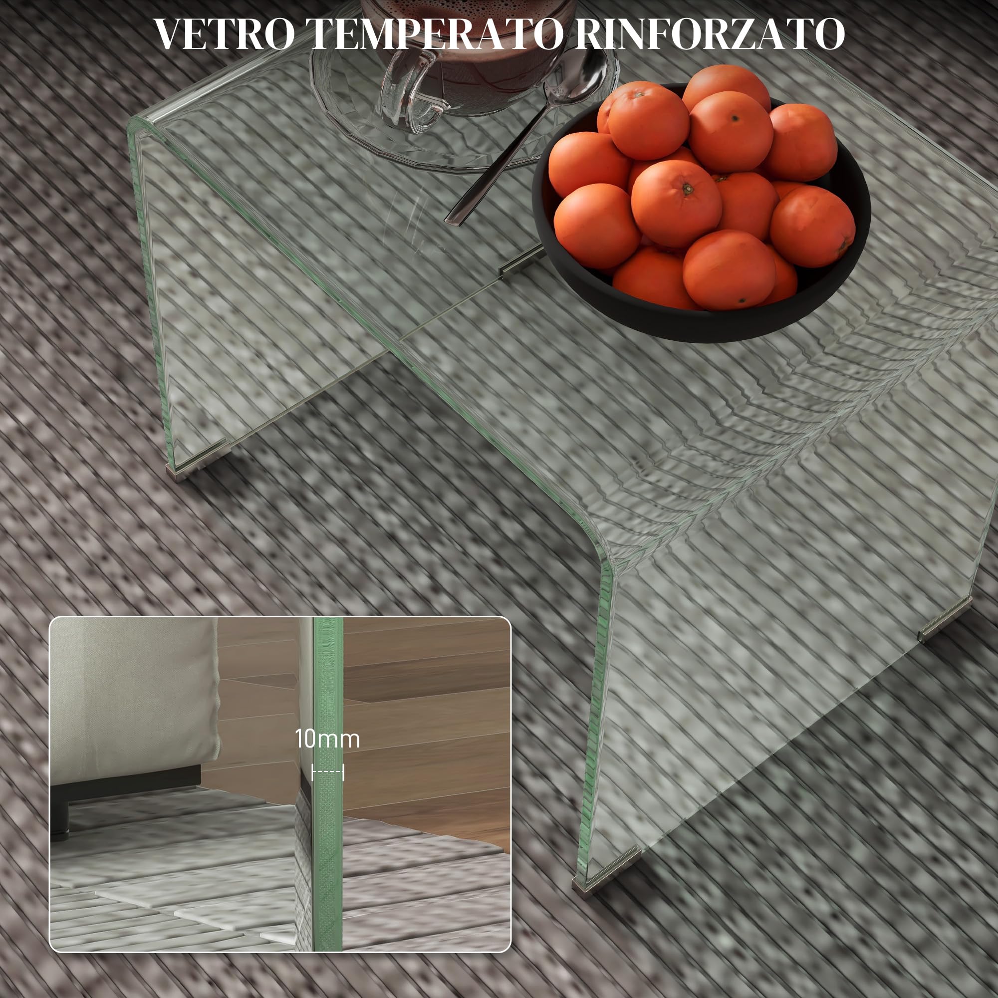 HOMCOM Tavolino da Caffè Moderno e Monoblocco con Piedini Antiscivolo, Tavolino in Vetro Temperato, 50x40x45 cm, Trasparente