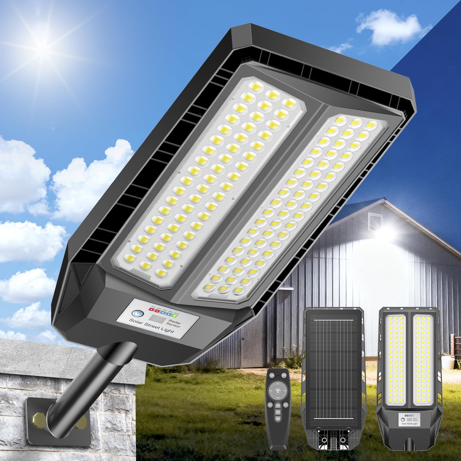 700W Lampione Solare,Lampade Solari per Esterni con Sensore di Movimento e Telecomando, IP67 Impermeabile, 4 Modalità di Illuminazione,6500K Super Luminoso per Giardino,Cortile,Strada,Garage