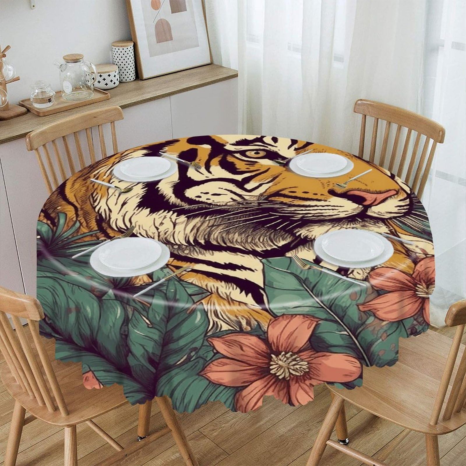 VstaDank Tropical Tiger Round Tablecloth Premium Polyester Table Cloth Heavy Duty Washable Fabric Tablecloth Waterproof Holiday Table Cover Decorative Tablecloths for Dining 60"