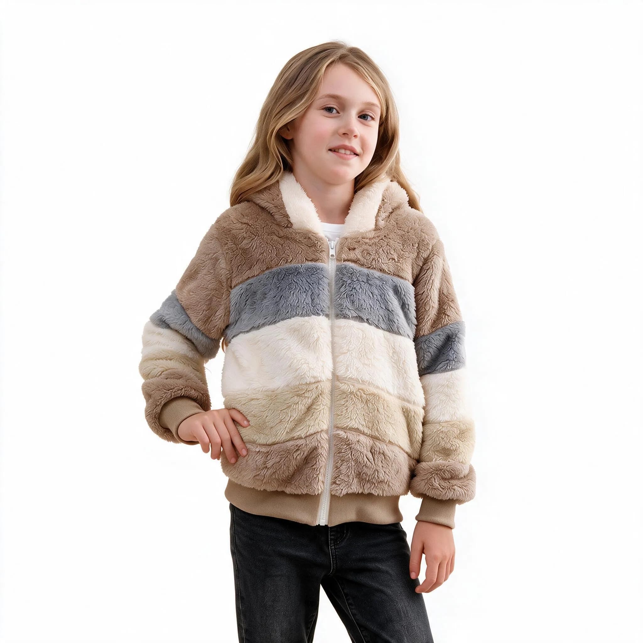 Girls Fleece Jackets Kids Sherpa Fuzzy Fall Zip Up Hoodie Winter Contrast color Pullover Coat 4-12 Years
