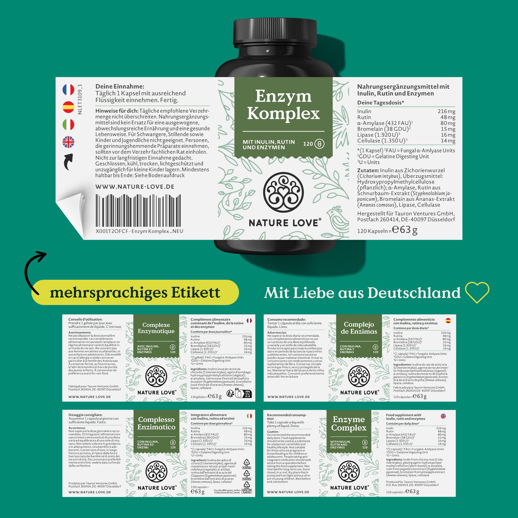 NATURE LOVE® Enzym Komplex - 120 Kapseln - inkl. Lipase & α-Amylase | mit Bromelain, Rutin, Cellulase und Inulin - Verdauungsenzyme (Digestive Enzyme) im 4 Monatsvorrat - vegan, laborgeprüft