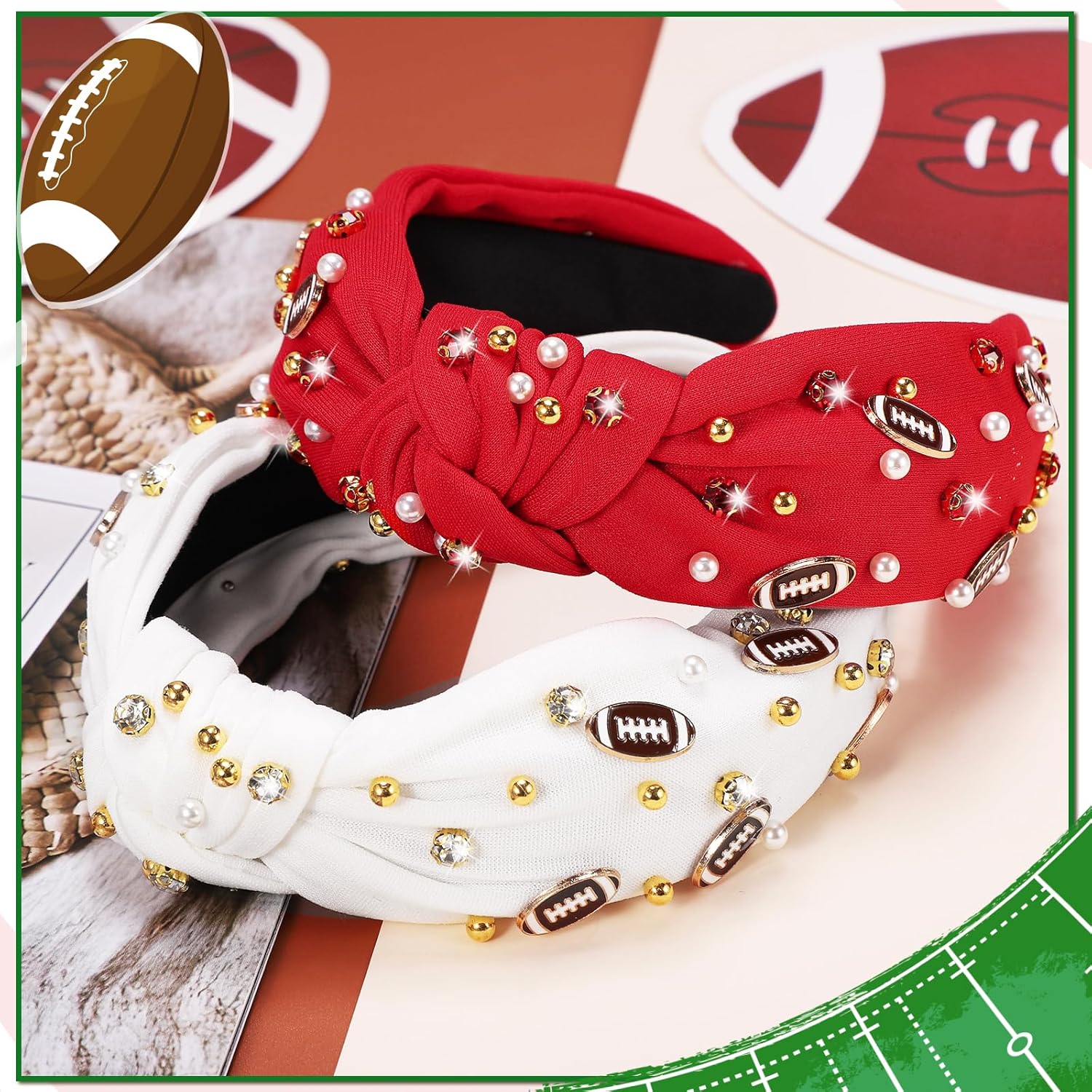 obeoby Football Headband for Fans Gathering, Knotted Headbands Pearl Rhinestone Hairband for Football Mom Fans Gifts White Hair Accessories - Image 3