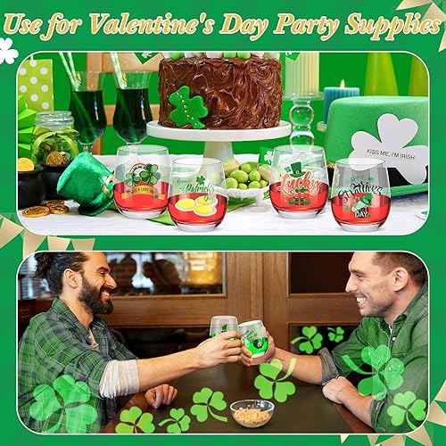 Miniatura 5 de Zhehao 12 copas de vino del día de San Patricio de 12 onzas, copas de vino sin tallo de trébol para el día de San Patricio, vasos sin tallo para