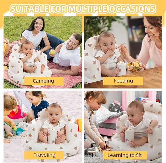 AGITVPS Inflatable Baby Seat for Babies 3-36 Months, Built in Air Pump Baby Chair Sit Me up Floor Seat for Baby, Bumbo Seat for Learning to Sit, Feeding, Camping (Bear)