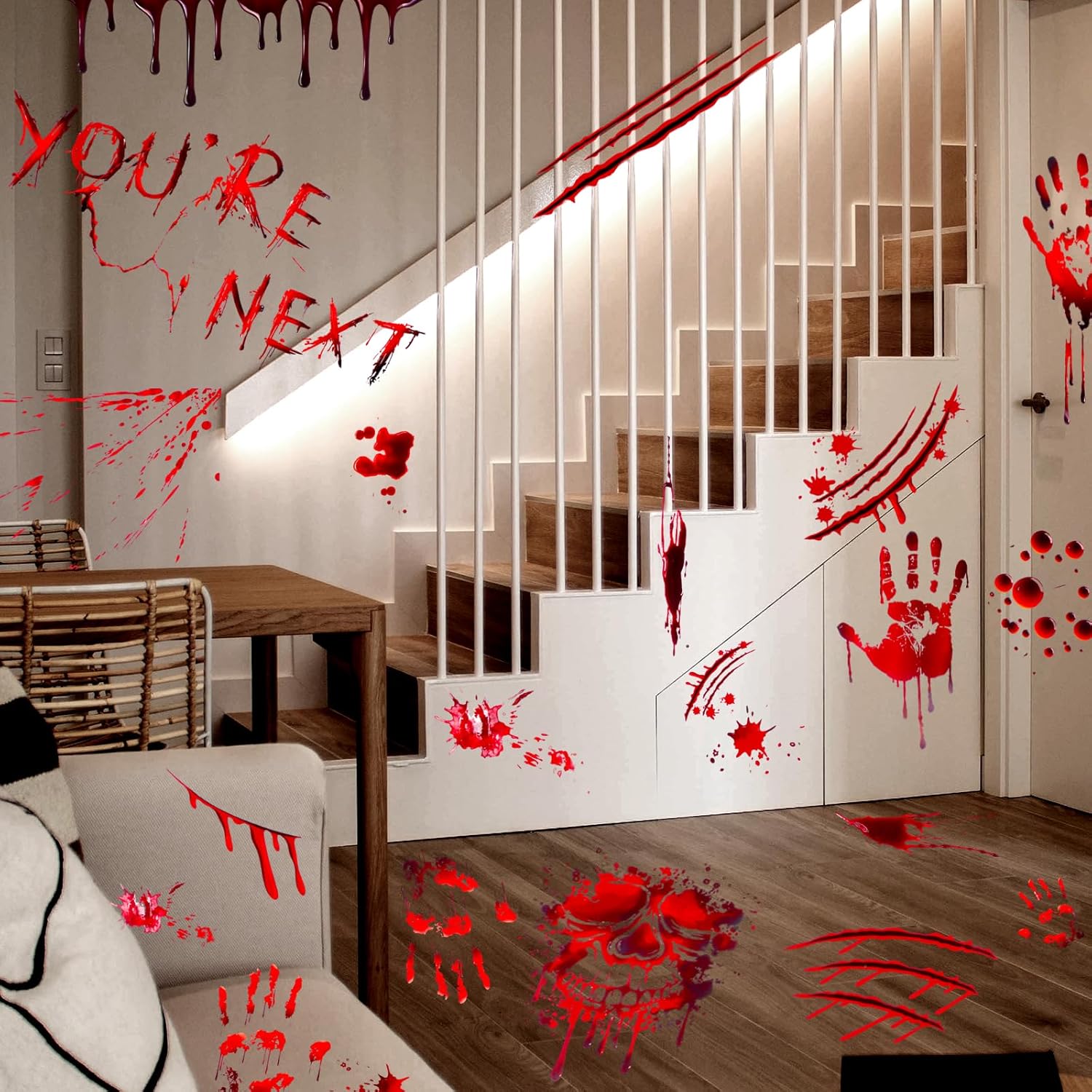 Amabro Halloween Bloody Window Clings, 31 Pcs Halloween Decorations 4 Sheets Bloody Handprint Skull Head Floor Stickers Scary Screaming Horror Wall Decals for Zombies Vampire Haunted House