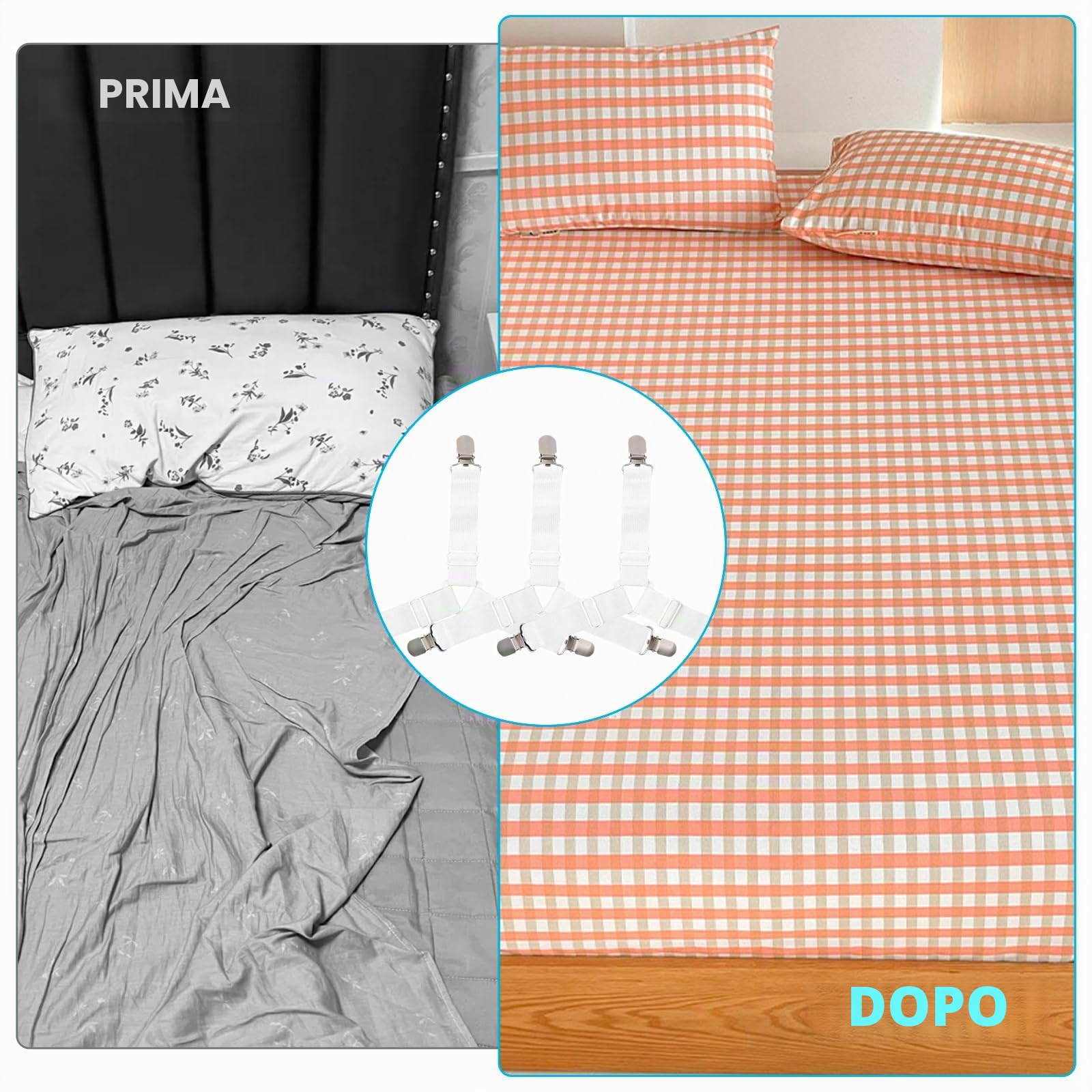 8 Pezzi Ferma Lenzuola x Angoli, Bretelle Regolabili con Clip in Metallo, Tendi Lenzuoli Triangolari per Fissare Lenzuolo al Materasso, Divano, ASSE da Stiro, Senza Pieghe