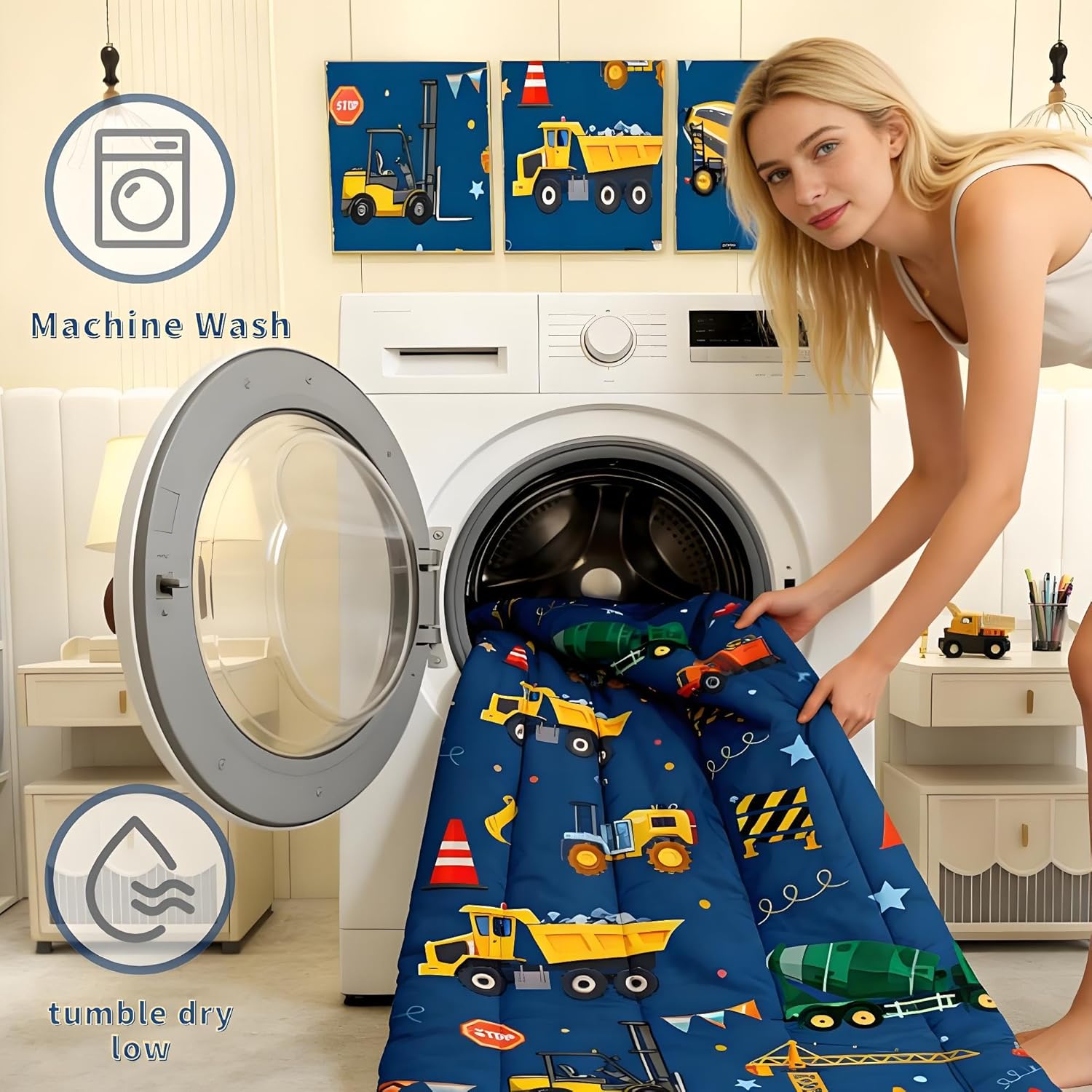 jejeloiu Trucks Excavator Cars Comforter Set Twin Size Construction Vehicles Bedding Set for Kids Boys Girls Cartoon Equipment Trucks Duvet Quilt Blue Yellow Bedroom 2 Pcs with 1 Pillow Cases - Image 7