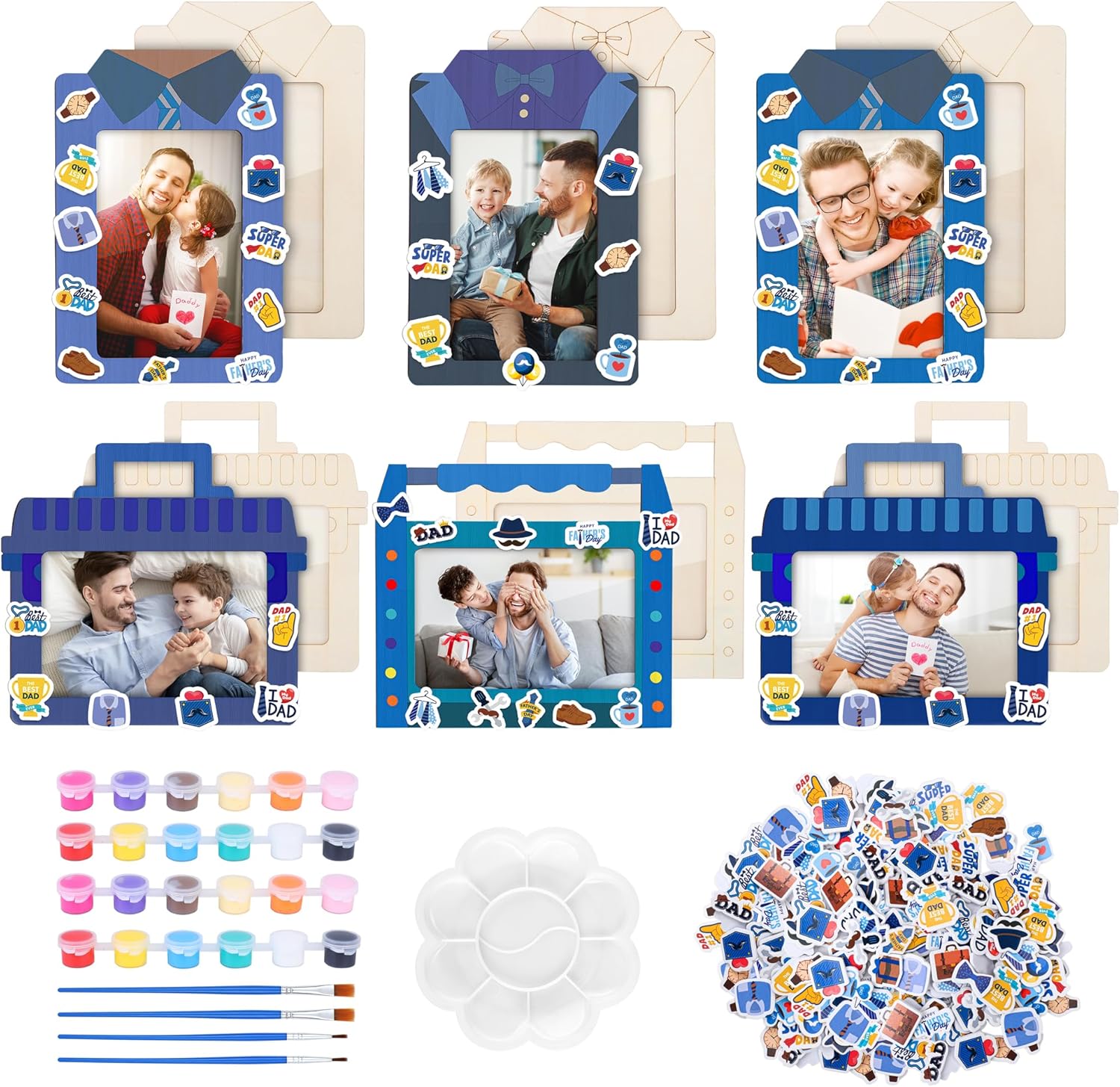 Fovths 24 Packs Father's Day Picture Frame Craft Kits Wooden DIY Picture Frames with 150 Foam Stickers Painting Tools Brushes for Father's Day Gifts Craft Party Decor, 4 Styles