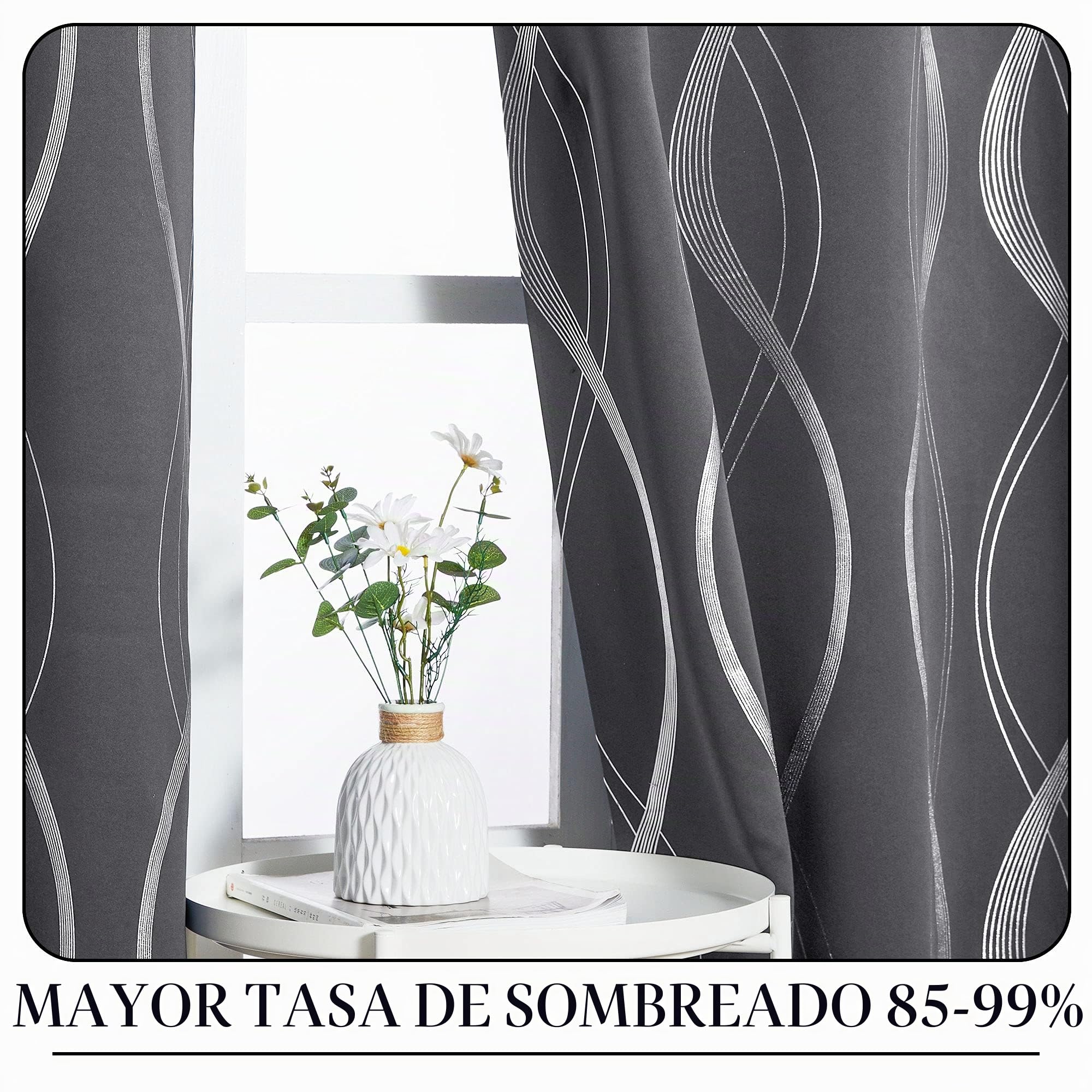 PONY DANCE Cortinas Opacas Dormitorio de Curvas Plateadas, 2 Paneles | 140x245cm(AnxAl), Cortinas Grises para Habitacion/Salon, Blackouts Curtains, Diseño Curvado Plateado, Lavable, con Ojales