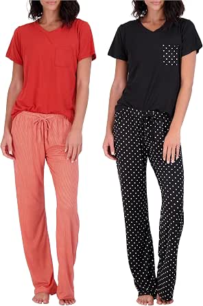 Real Essentials 2 Pack Women's Pajama Set - Short Or Long Sleeve Options, Purple & Pink, X-Small - View #3