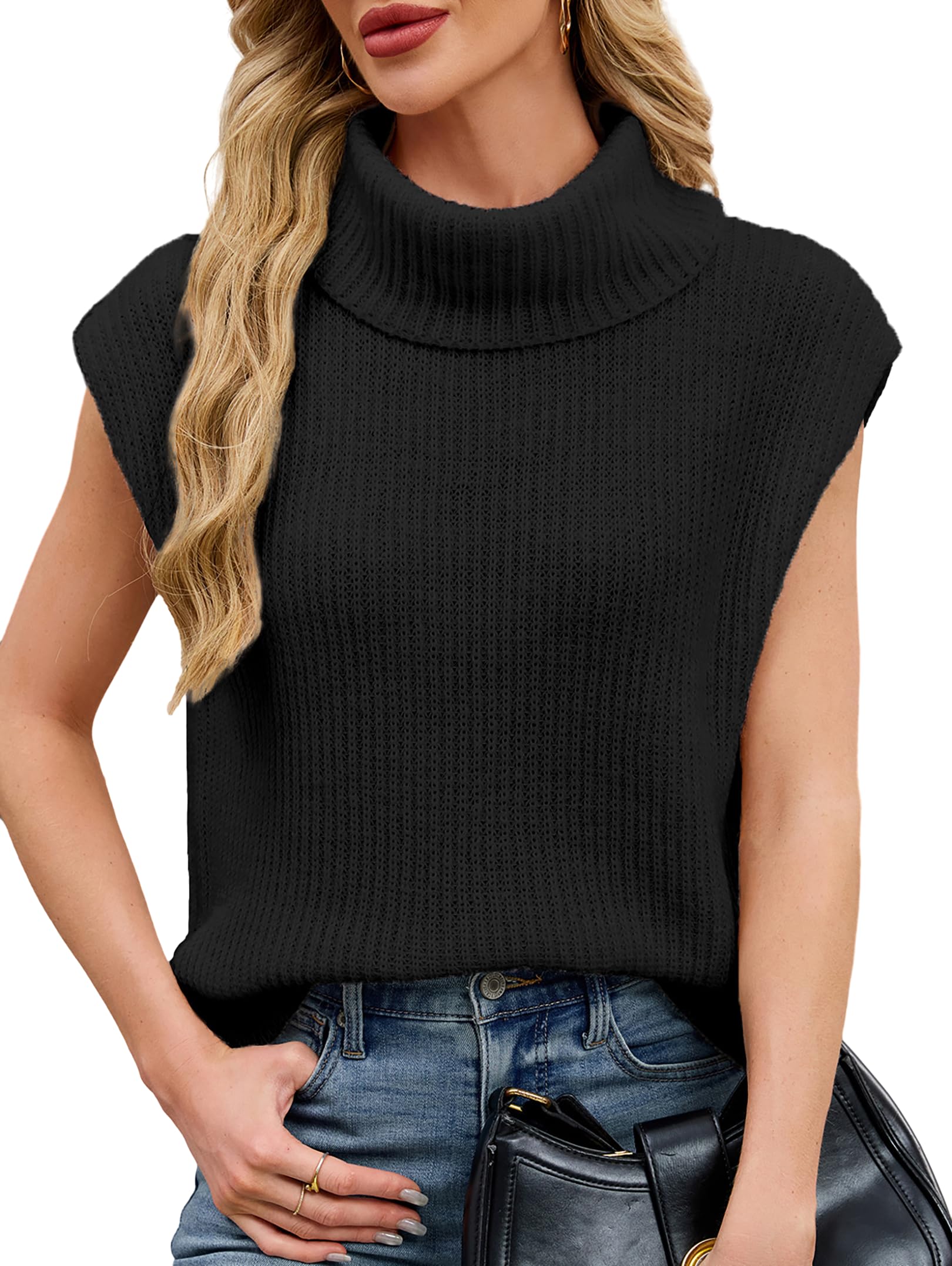 SunnyMelody Womens Oversized Cute Sweater Vest Winter Fall 2025 Turtleneck Cap Sleeve Loose Fit Knit Pullover Sweaters Top