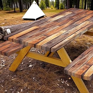 Rustic Wood Picnic Table Cover with Bench Covers Waterproof Windproof Elastic Fitted Outdoor Camping RV Tablecloths with Drawstring Bag Reusable Rectangle Rectangle Tables and Seats Cover 30X72IN
