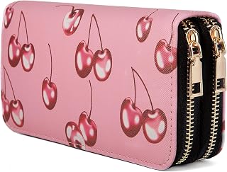 Women Cherry Print Long Wallet, Dual Zipper Large Capacity PU Leather Card Holder Clutch Purse for Daily & Travel