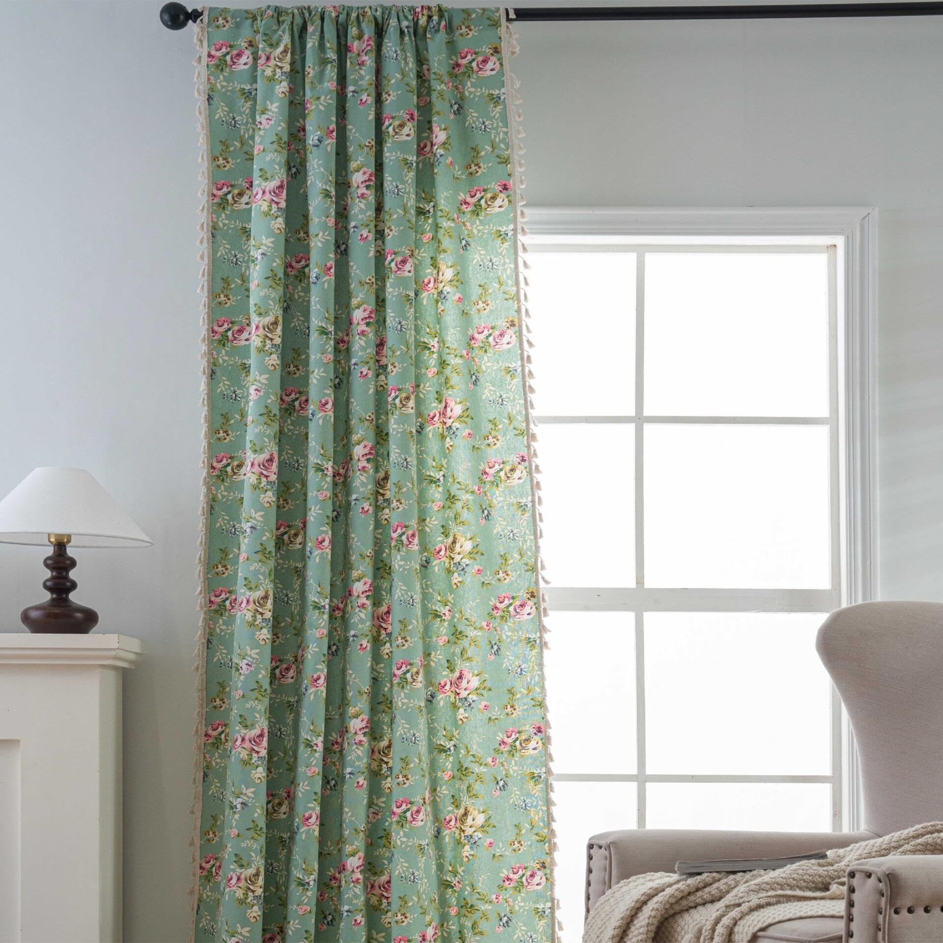 Rideaux imprimés semi-opaques coton-polyester avec pompons pour salon et chambre