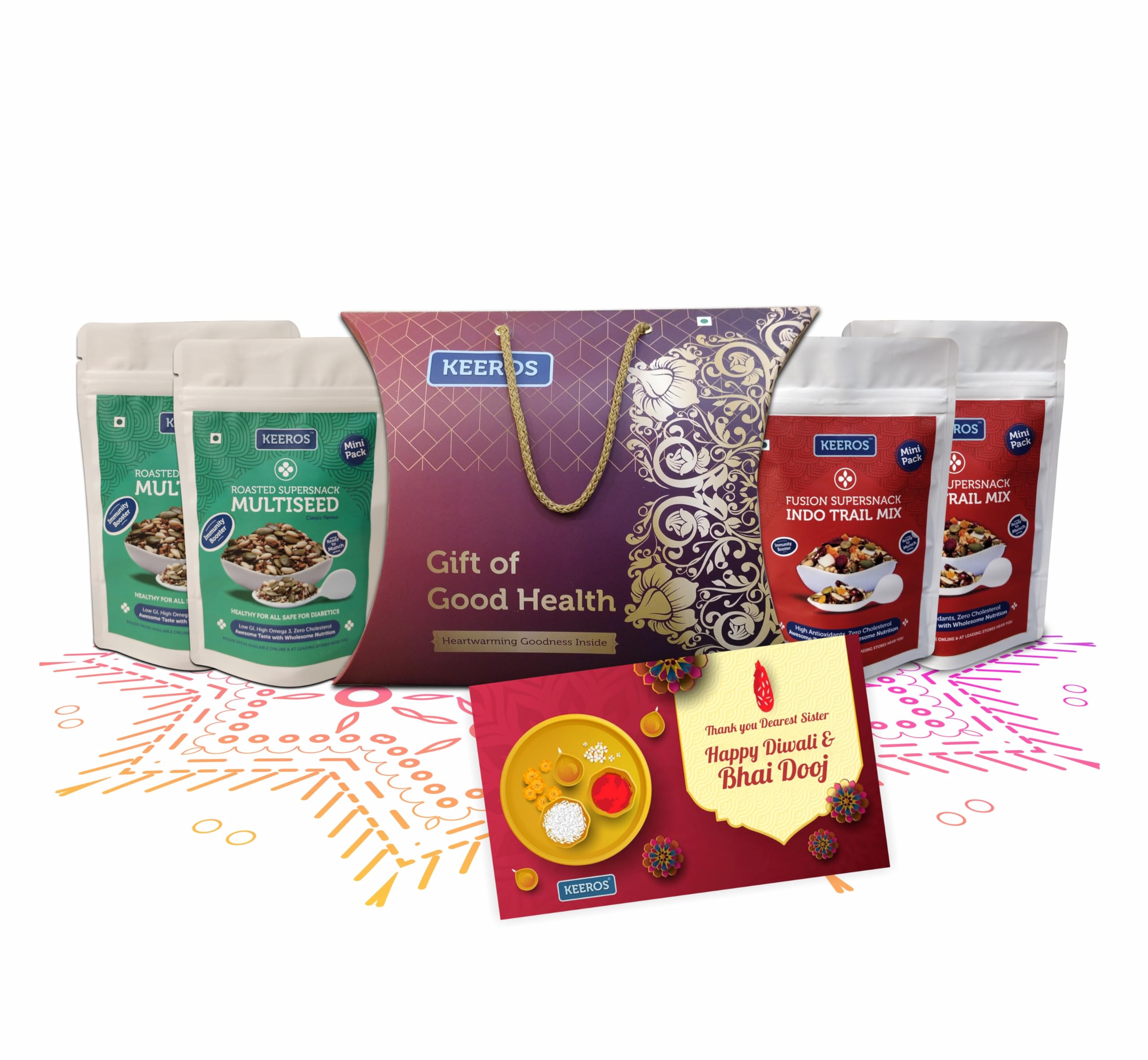 Keeros Healthy Bhai Dooj Sweets Return Gift Pack with Wishes Card | Combo of 2 varieties of Tasty & Nutritious Dry Fruits Mixed Snacks Packed in a Premium Gift Hamper for Sister-image-16